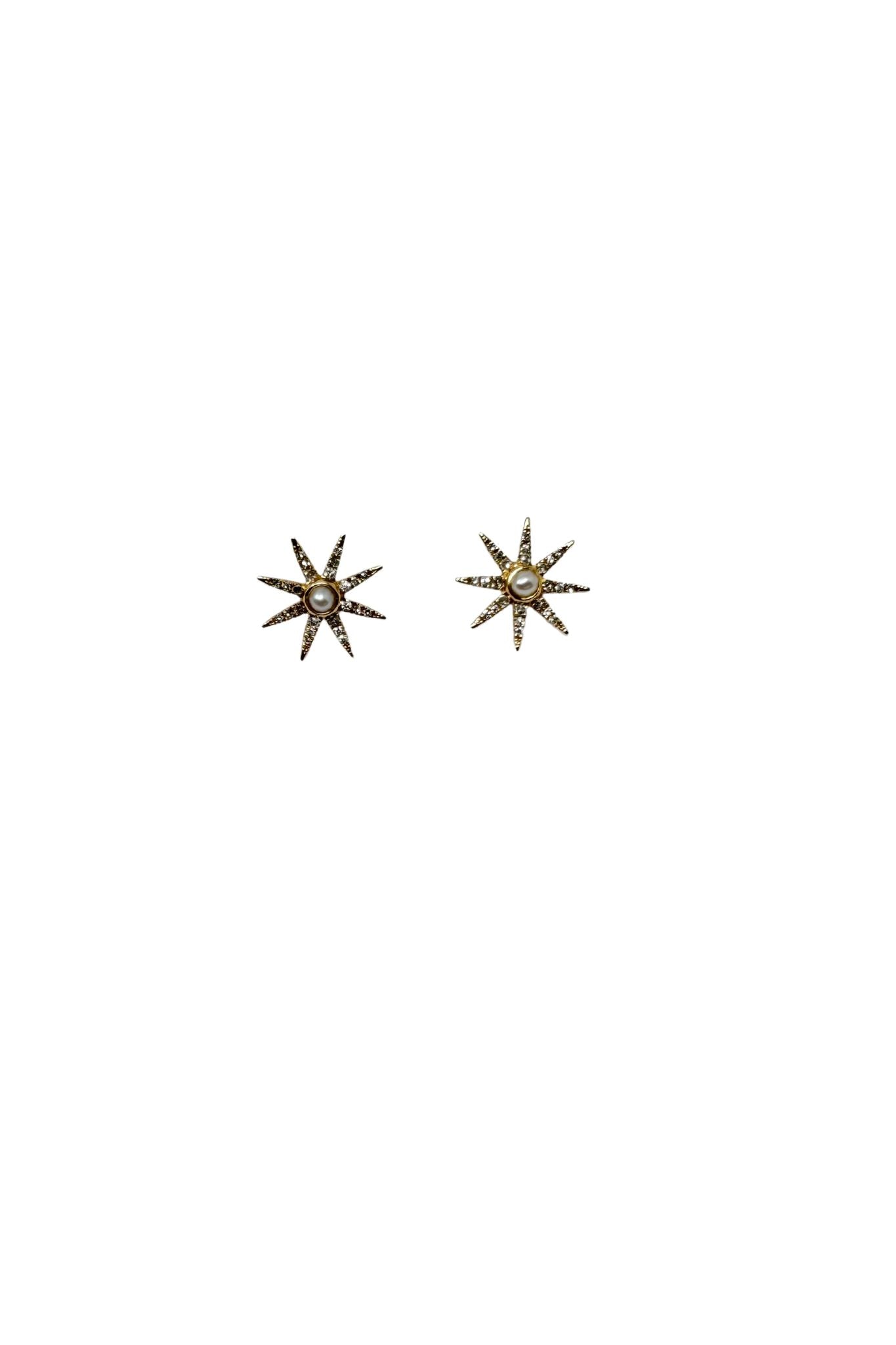 Jen Collection 14k Yellow Gold Pave Starburst Studs with Pearl Center - Vermillion