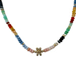 Jen Collection Handbeaded One of a Kind Opal with 14k Yellow Gold Diamond Flower Necklace - Vermillion