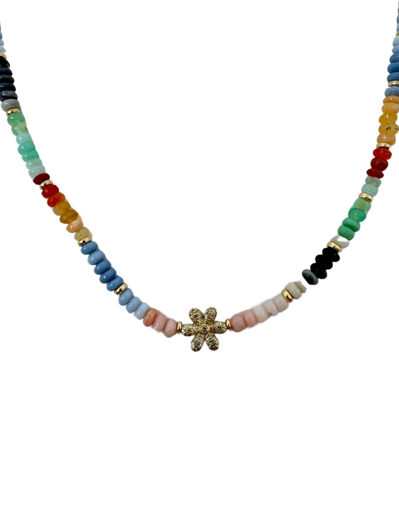 Jen Collection Handbeaded One of a Kind Opal with 14k Yellow Gold Diamond Flower Necklace - Vermillion