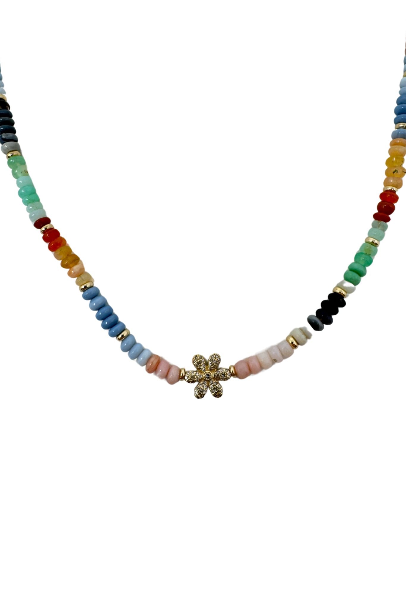 Jen Collection Handbeaded One of a Kind Opal with 14k Yellow Gold Diamond Flower Necklace - Vermillion