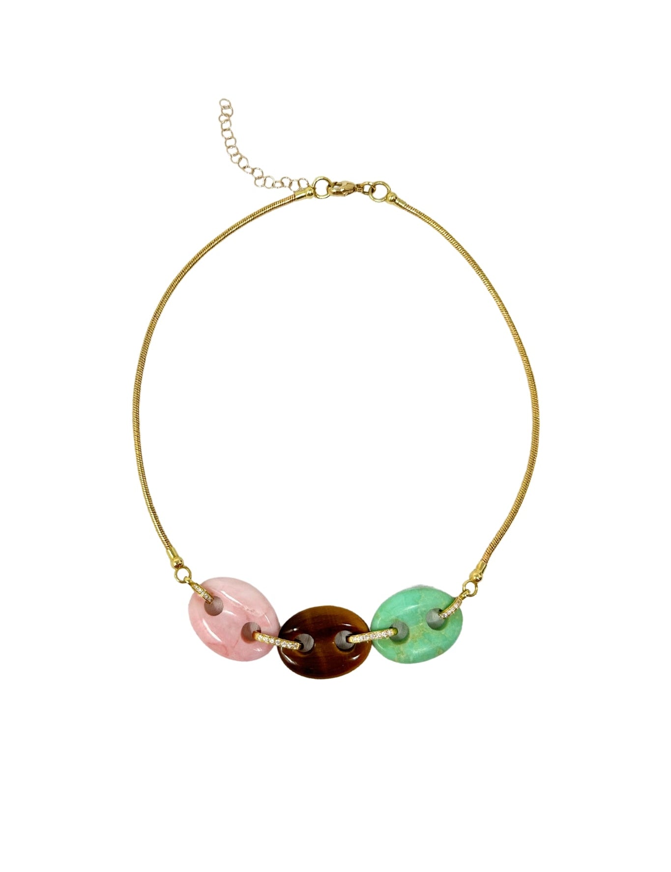 Jenna Blake Three Stone Mariner Link Necklace with Green Quartz, Tiger’s Eye and Pink Quartz - Vermillion