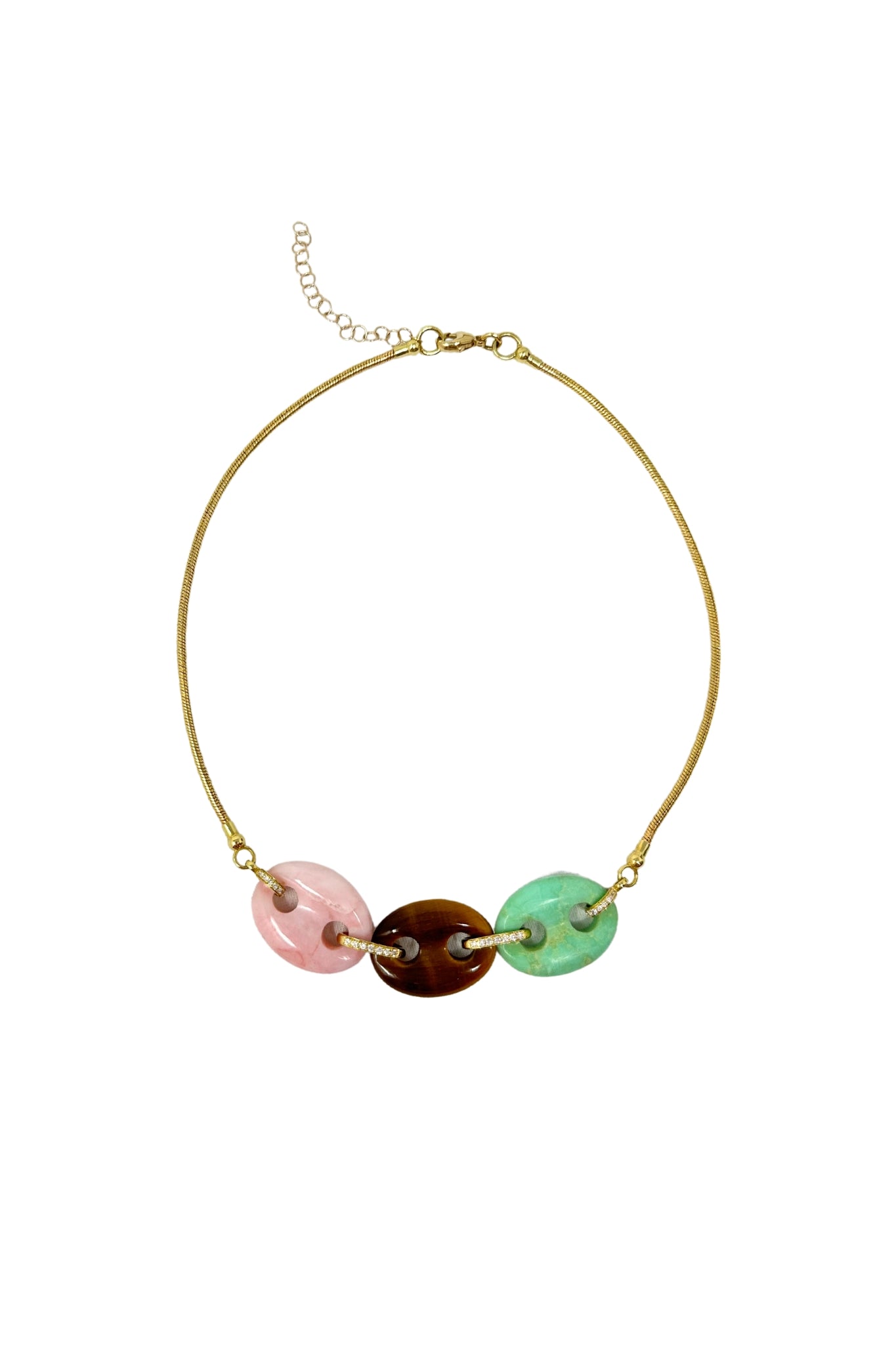 Jenna Blake Three Stone Mariner Link Necklace with Green Quartz, Tiger’s Eye and Pink Quartz - Vermillion