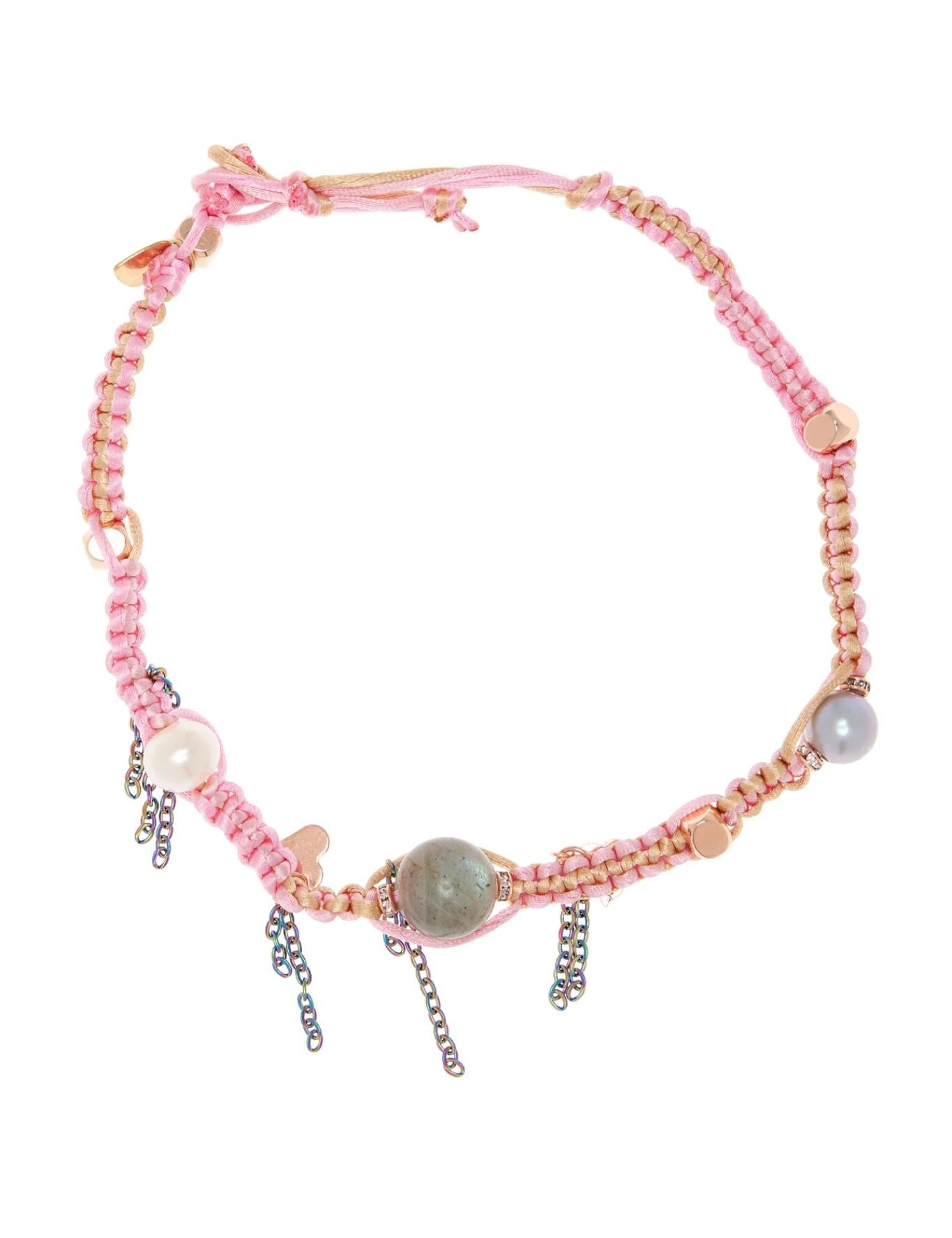 Joie DiGiovanni Gemstone Single Strand Necklace - Cotton Candy Barbie Dream Sky Pearl Labradorite & Rose Gold Lucky Charm Silk Rocker Choker - Vermillion