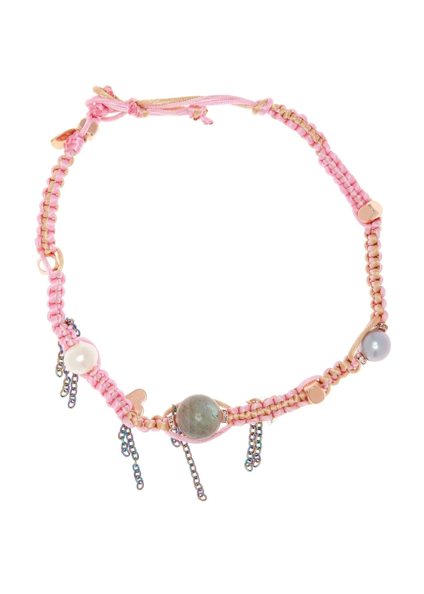 Joie DiGiovanni Gemstone Single Strand Necklace - Cotton Candy Barbie Dream Sky Pearl Labradorite & Rose Gold Lucky Charm Silk Rocker Choker - Vermillion