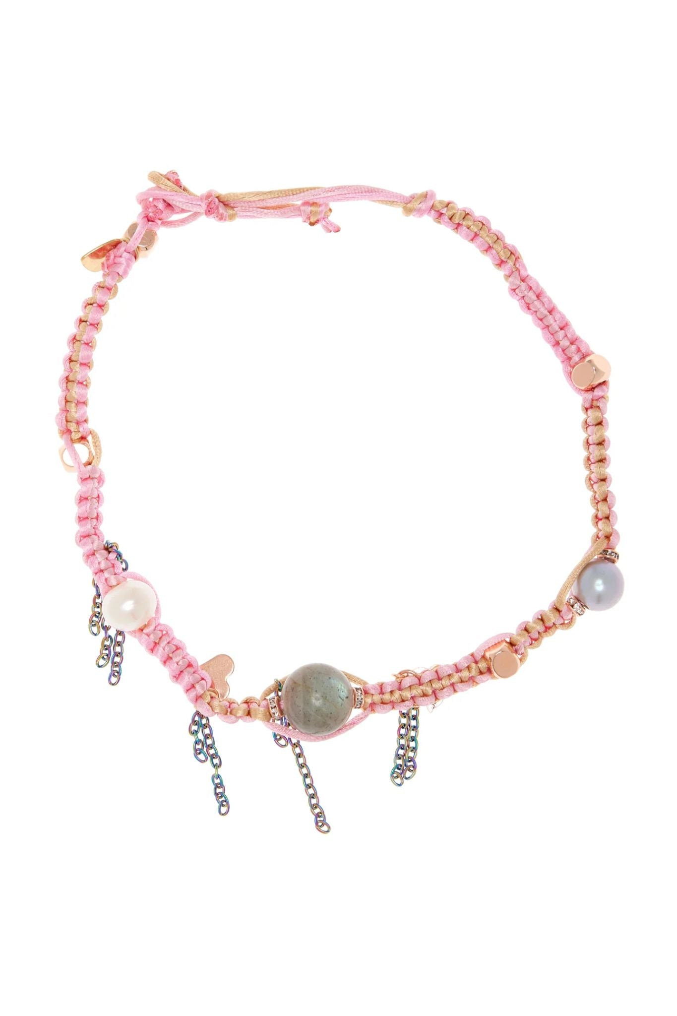 Joie DiGiovanni Gemstone Single Strand Necklace - Cotton Candy Barbie Dream Sky Pearl Labradorite & Rose Gold Lucky Charm Silk Rocker Choker - Vermillion