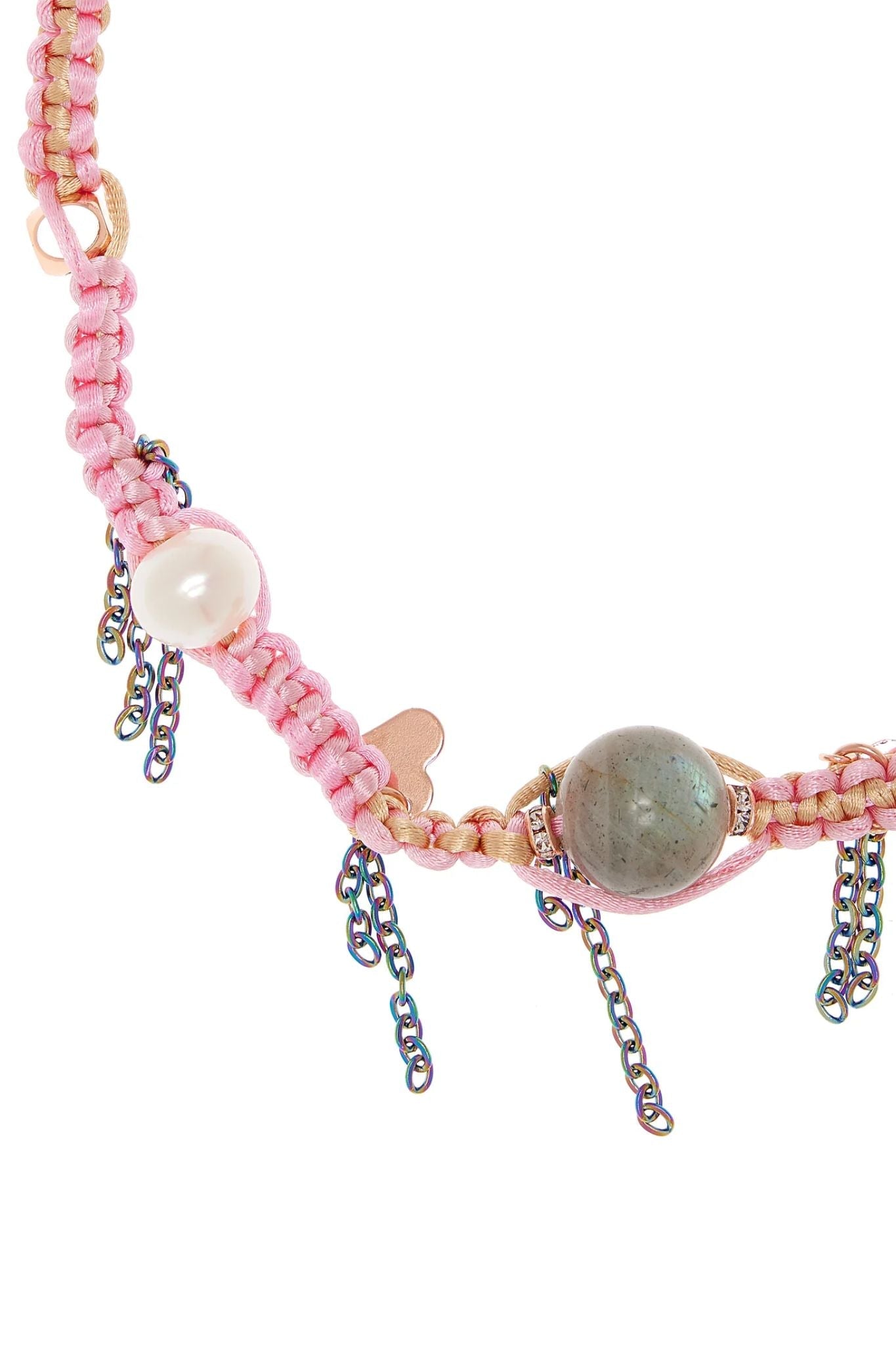 Joie DiGiovanni Gemstone Single Strand Necklace - Cotton Candy Barbie Dream Sky Pearl Labradorite & Rose Gold Lucky Charm Silk Rocker Choker - Vermillion