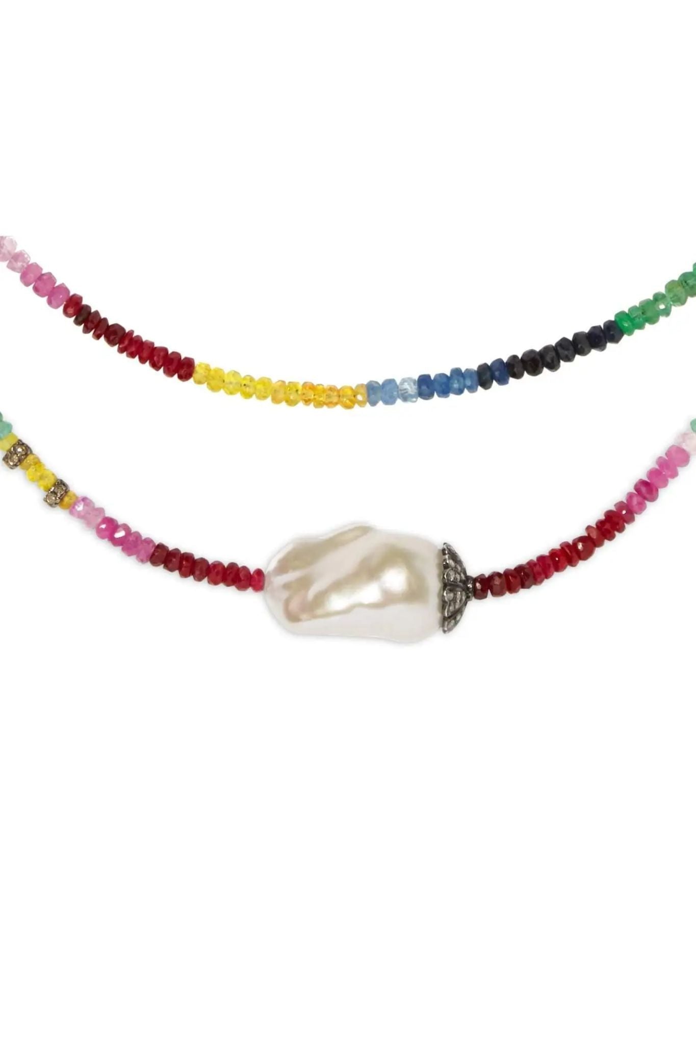 Joie DiGiovanni Ruby Emerald Sapphire Diamond Baroque Pearl Gemstone Necklace - Vermillion