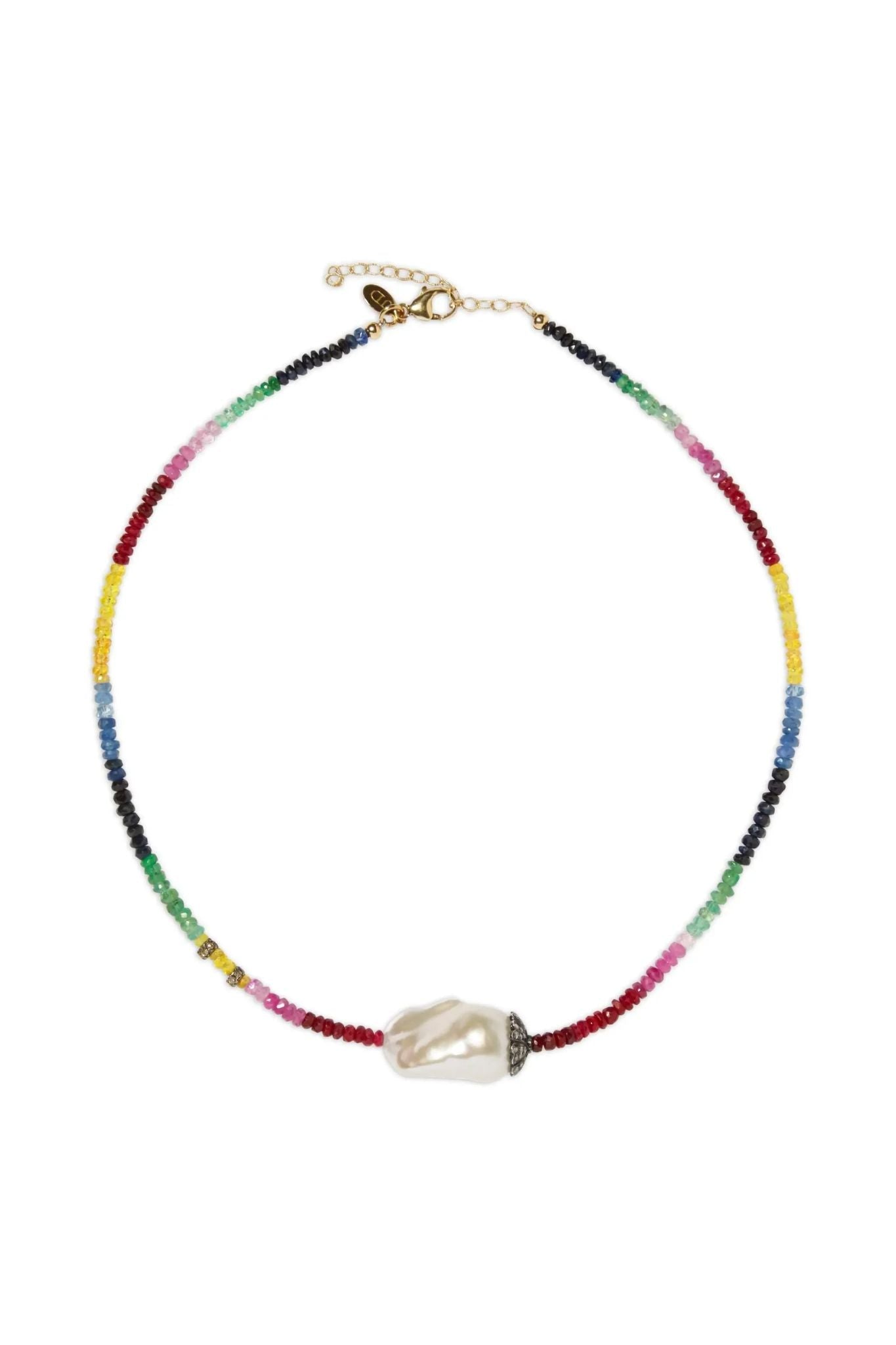 Joie DiGiovanni Ruby Emerald Sapphire Diamond Baroque Pearl Gemstone Necklace - Vermillion