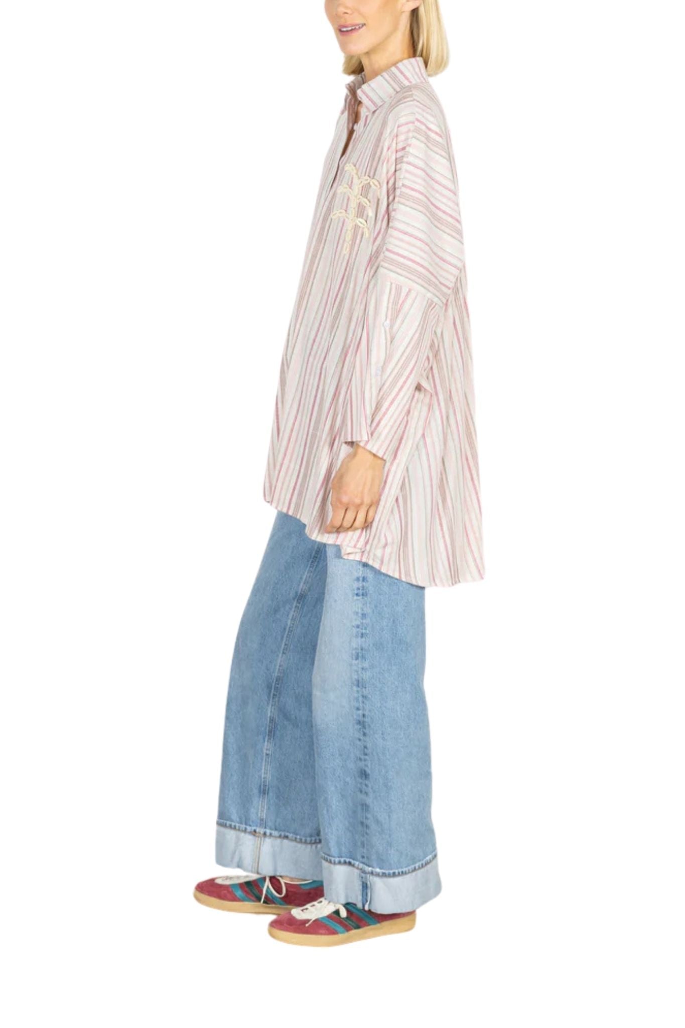 La Vie Blush Stripe Linen Boyfriend Shirt - Vermillion