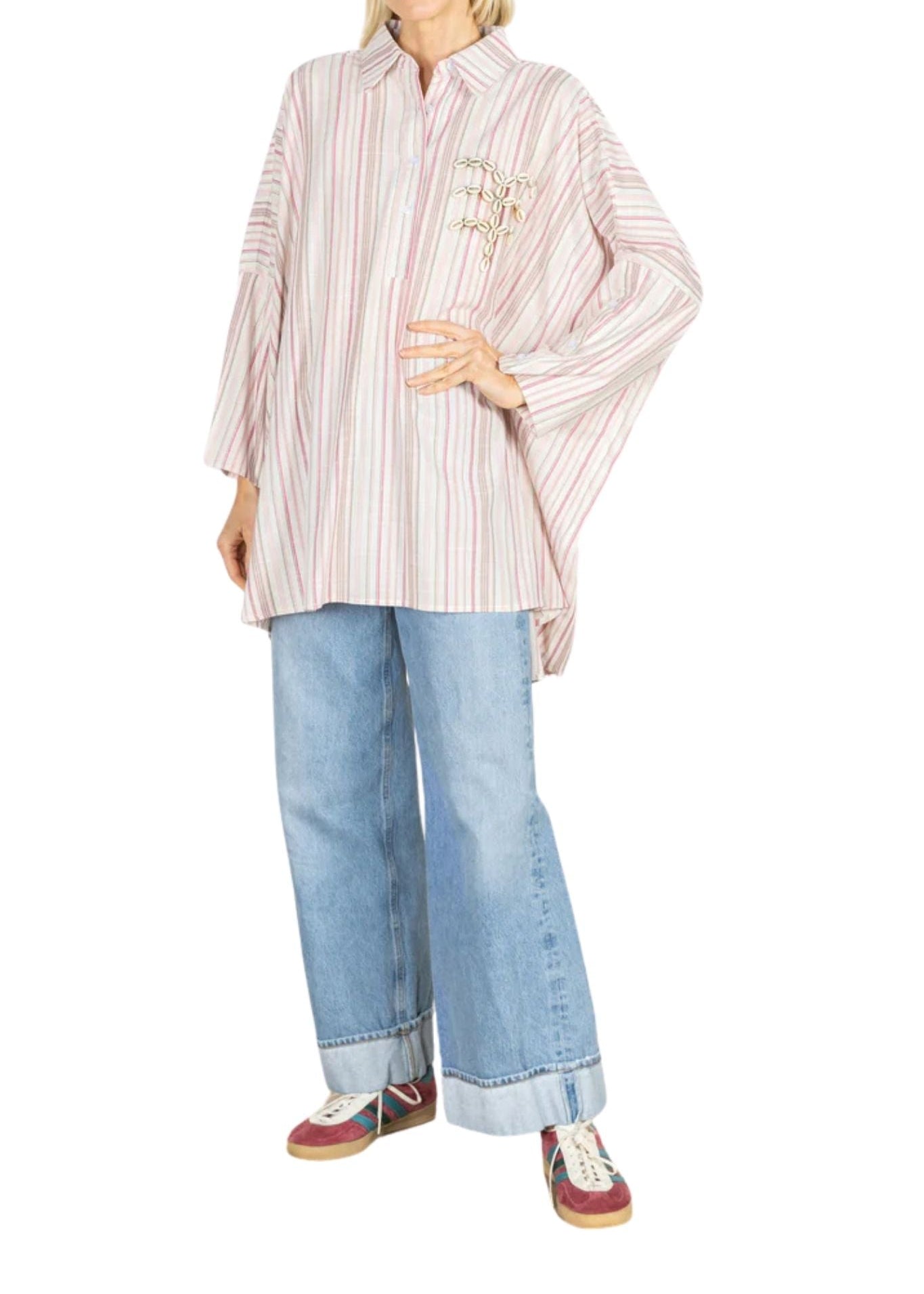 La Vie Blush Stripe Linen Boyfriend Shirt - Vermillion