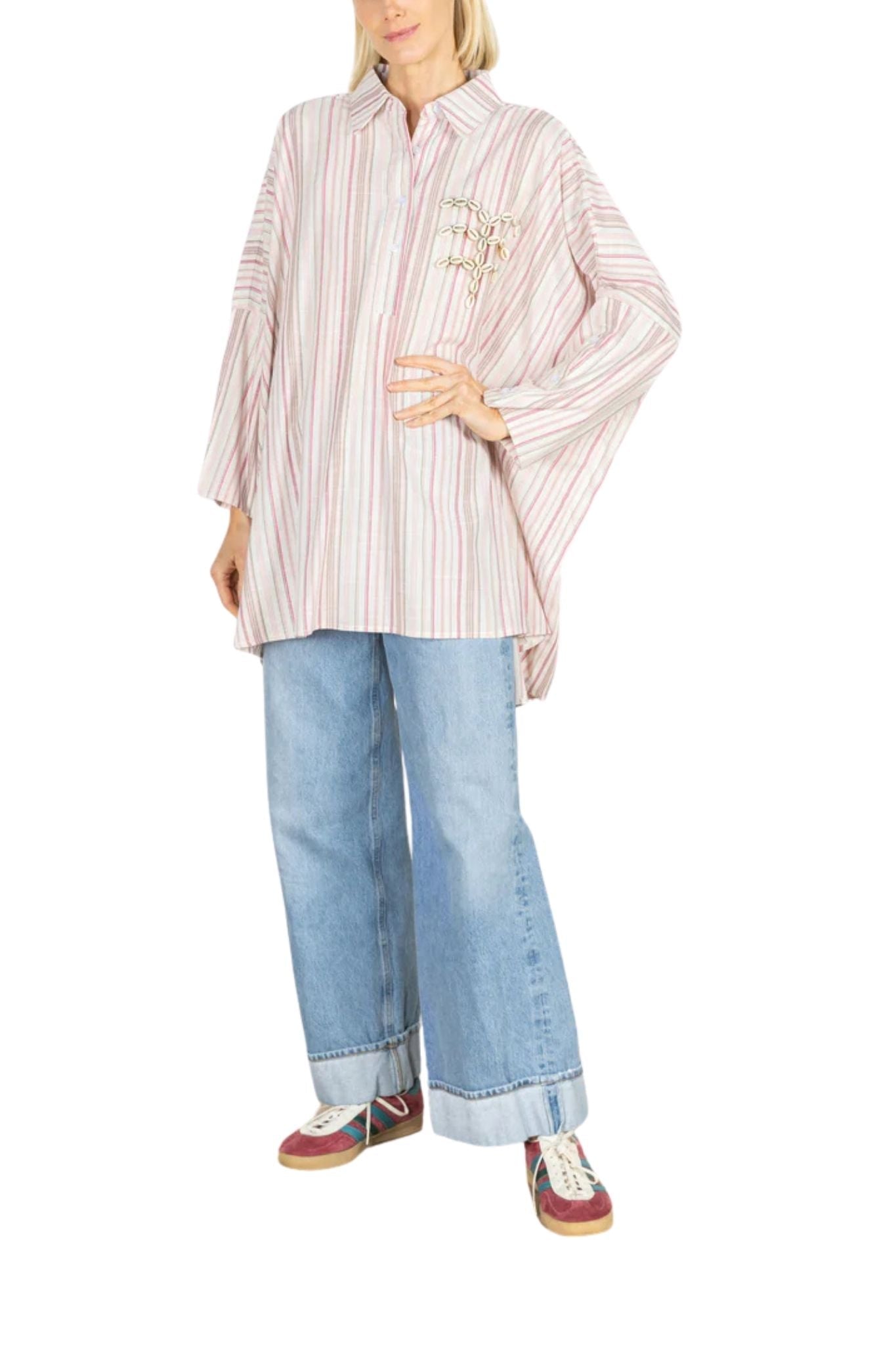 La Vie Blush Stripe Linen Boyfriend Shirt - Vermillion