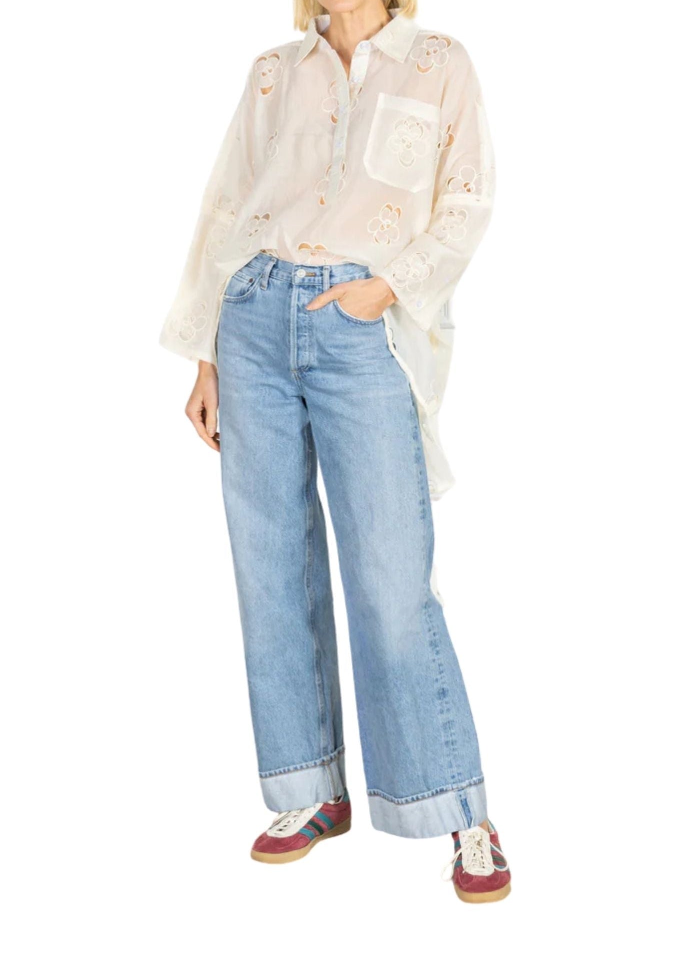 La Vie Cloud Cutout Florals Boyfriend Shirt - Vermillion