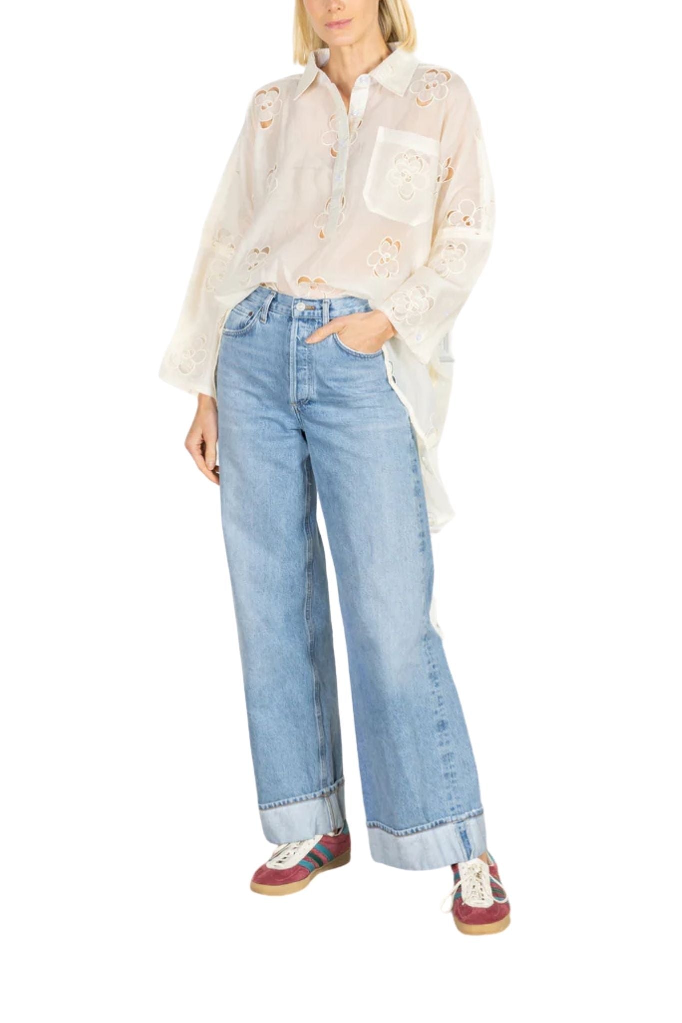 La Vie Cloud Cutout Florals Boyfriend Shirt - Vermillion