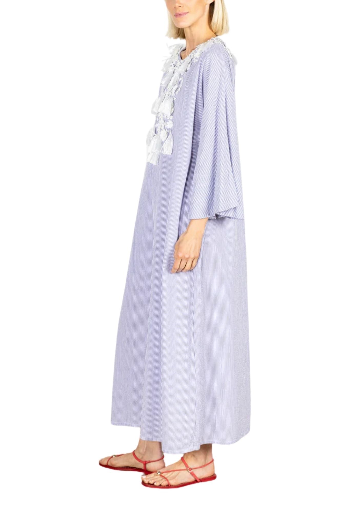 La Vie Coastal Pinstrip Tassel Deep V Maxi Caftan - Vermillion