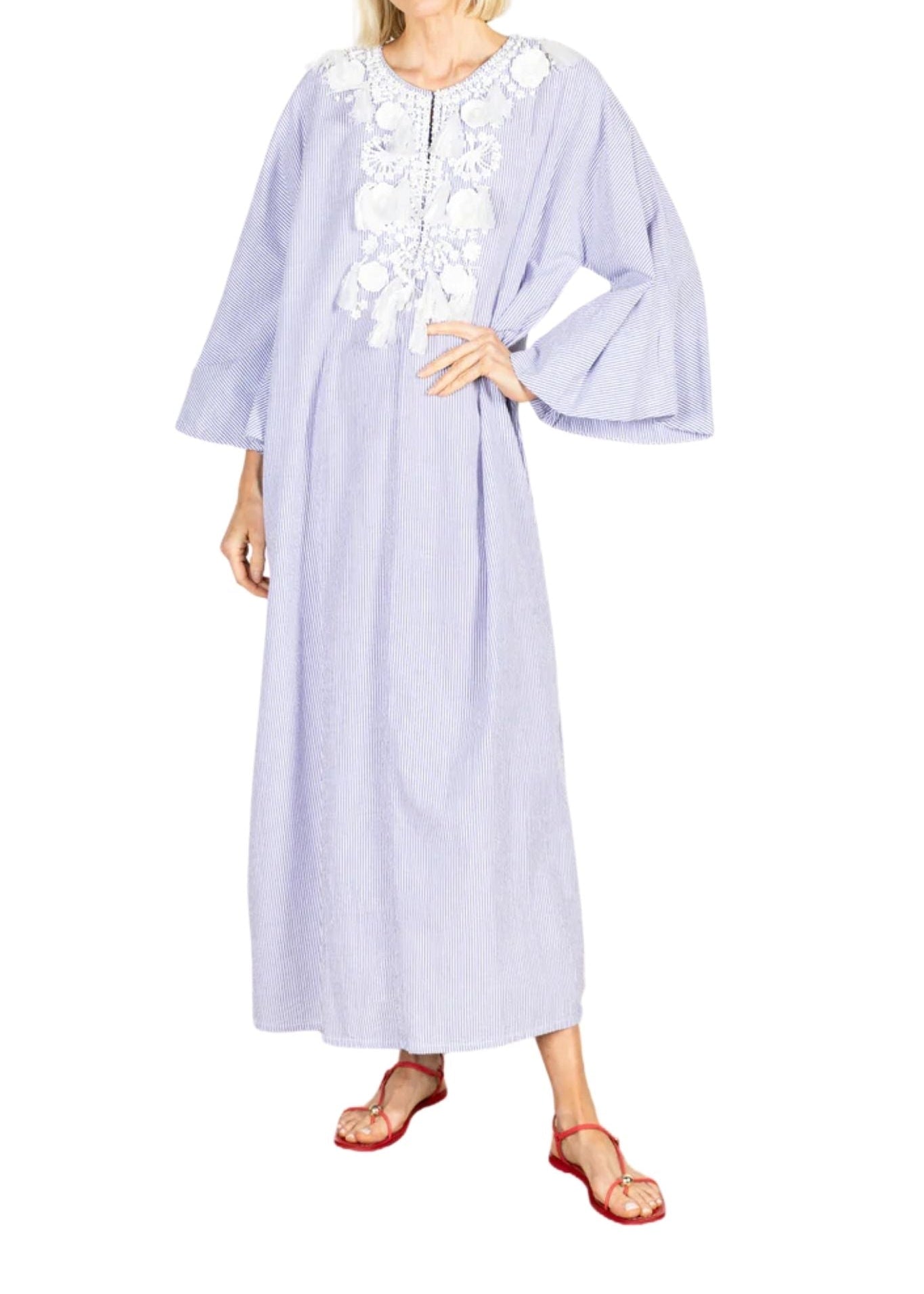 La Vie Coastal Pinstrip Tassel Deep V Maxi Caftan - Vermillion