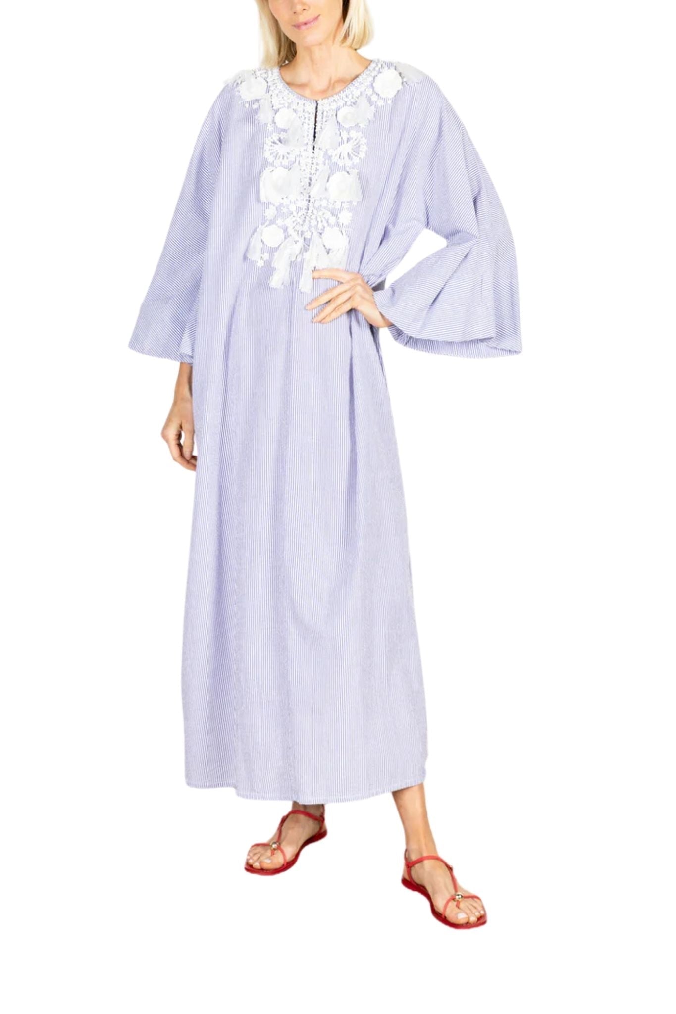 La Vie Coastal Pinstrip Tassel Deep V Maxi Caftan - Vermillion