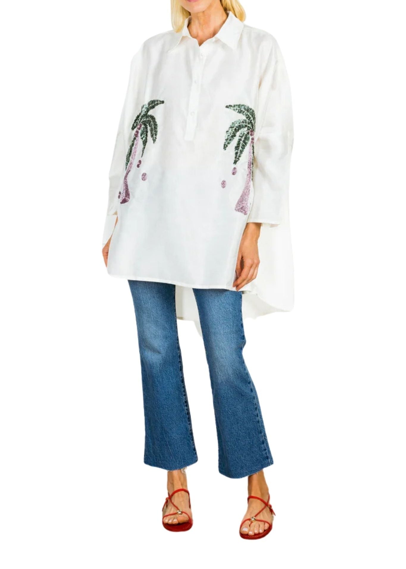 La Vie Coconut Sequin Palm Boyfriend Shirt - Vermillion