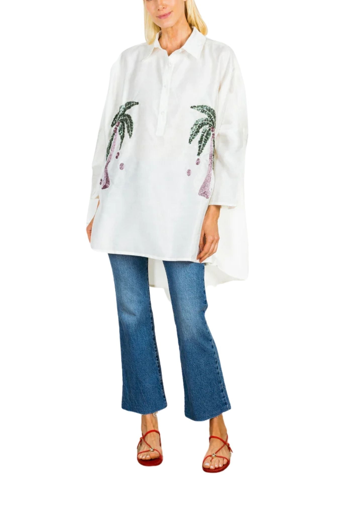 La Vie Coconut Sequin Palm Boyfriend Shirt - Vermillion