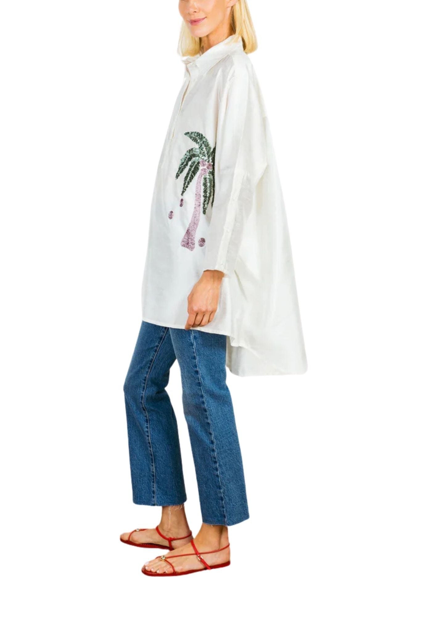 La Vie Coconut Sequin Palm Boyfriend Shirt - Vermillion