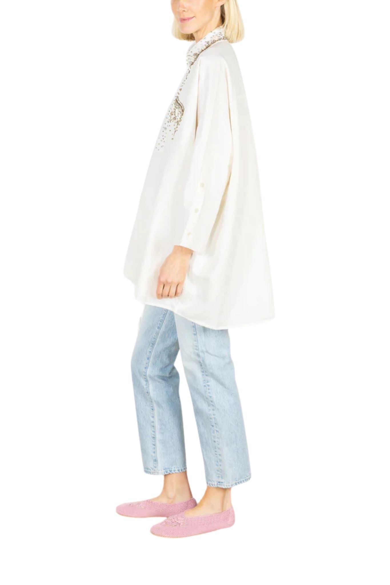 La Vie Ivory Rhinestone Shells Boyfriend Shirt - Vermillion