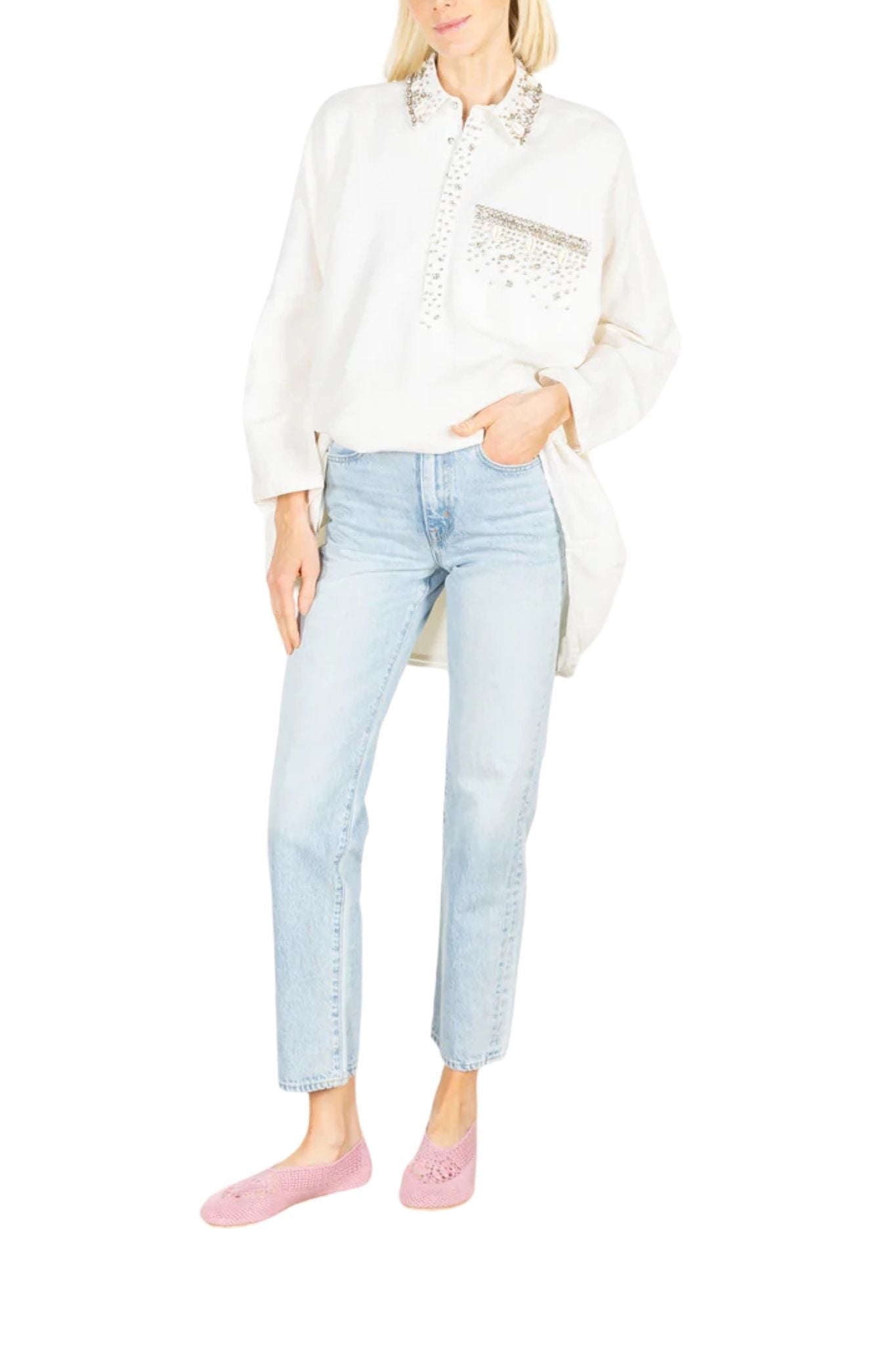 La Vie Ivory Rhinestone Shells Boyfriend Shirt - Vermillion