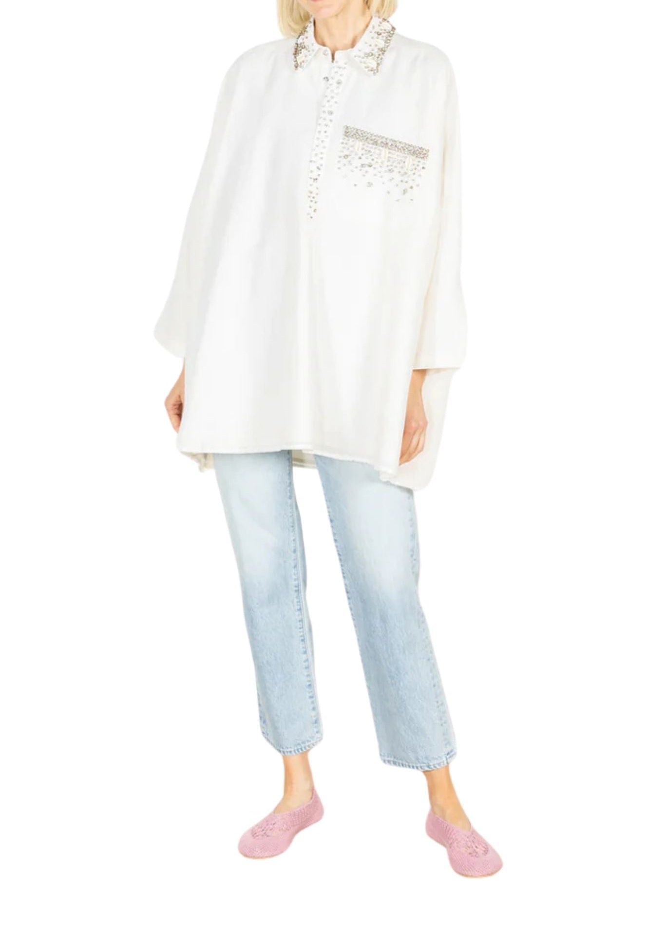 La Vie Ivory Rhinestone Shells Boyfriend Shirt - Vermillion