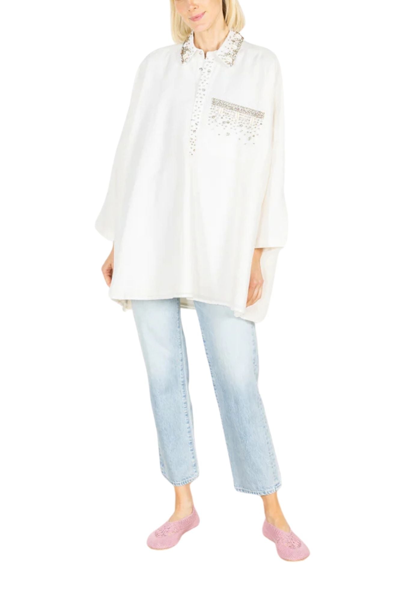 La Vie Ivory Rhinestone Shells Boyfriend Shirt - Vermillion