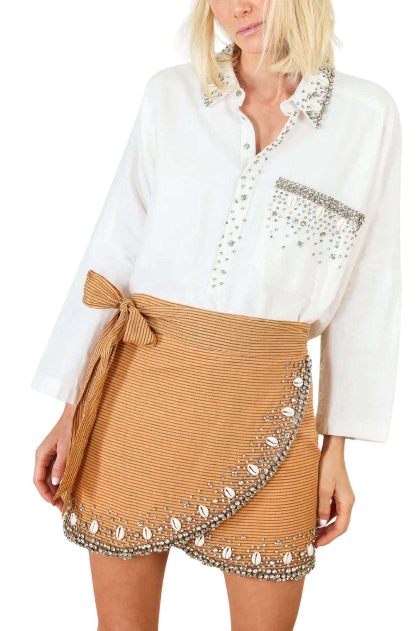 La Vie Ivory Rhinestone Shells Boyfriend Shirt - Vermillion