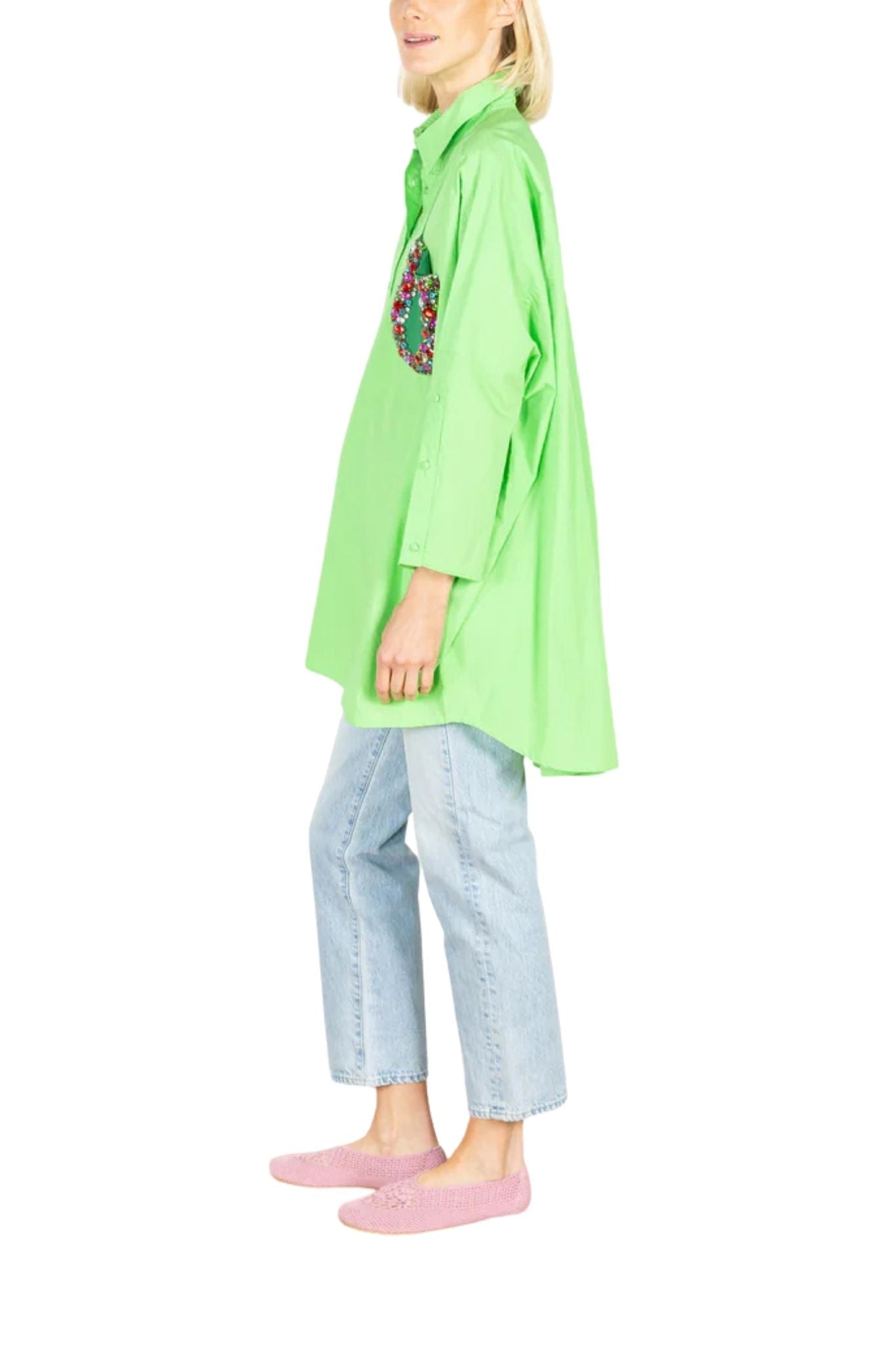 La Vie Lime Jeweled Cotton Boyfriend Shirt - Vermillion