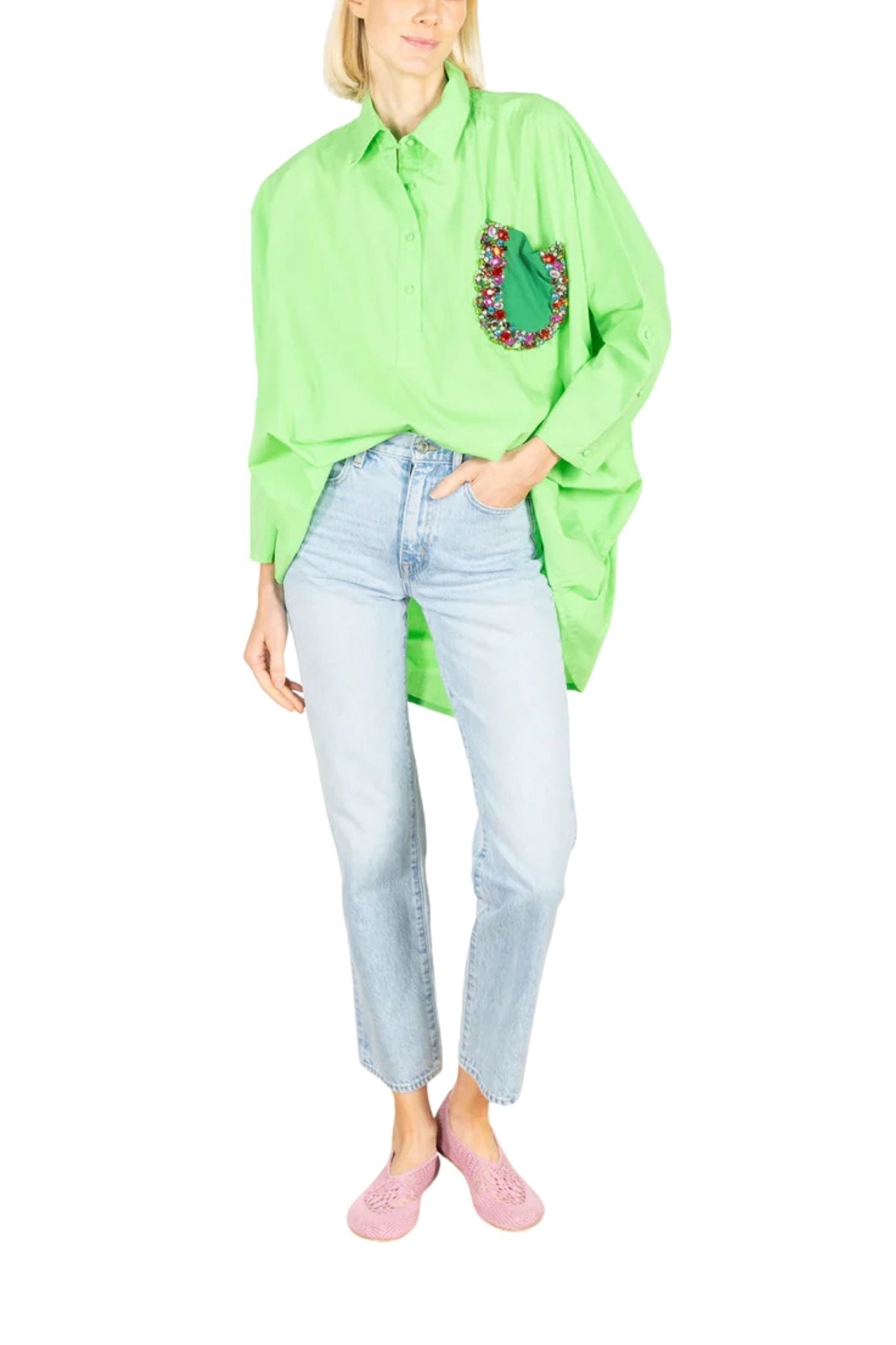 La Vie Lime Jeweled Cotton Boyfriend Shirt - Vermillion