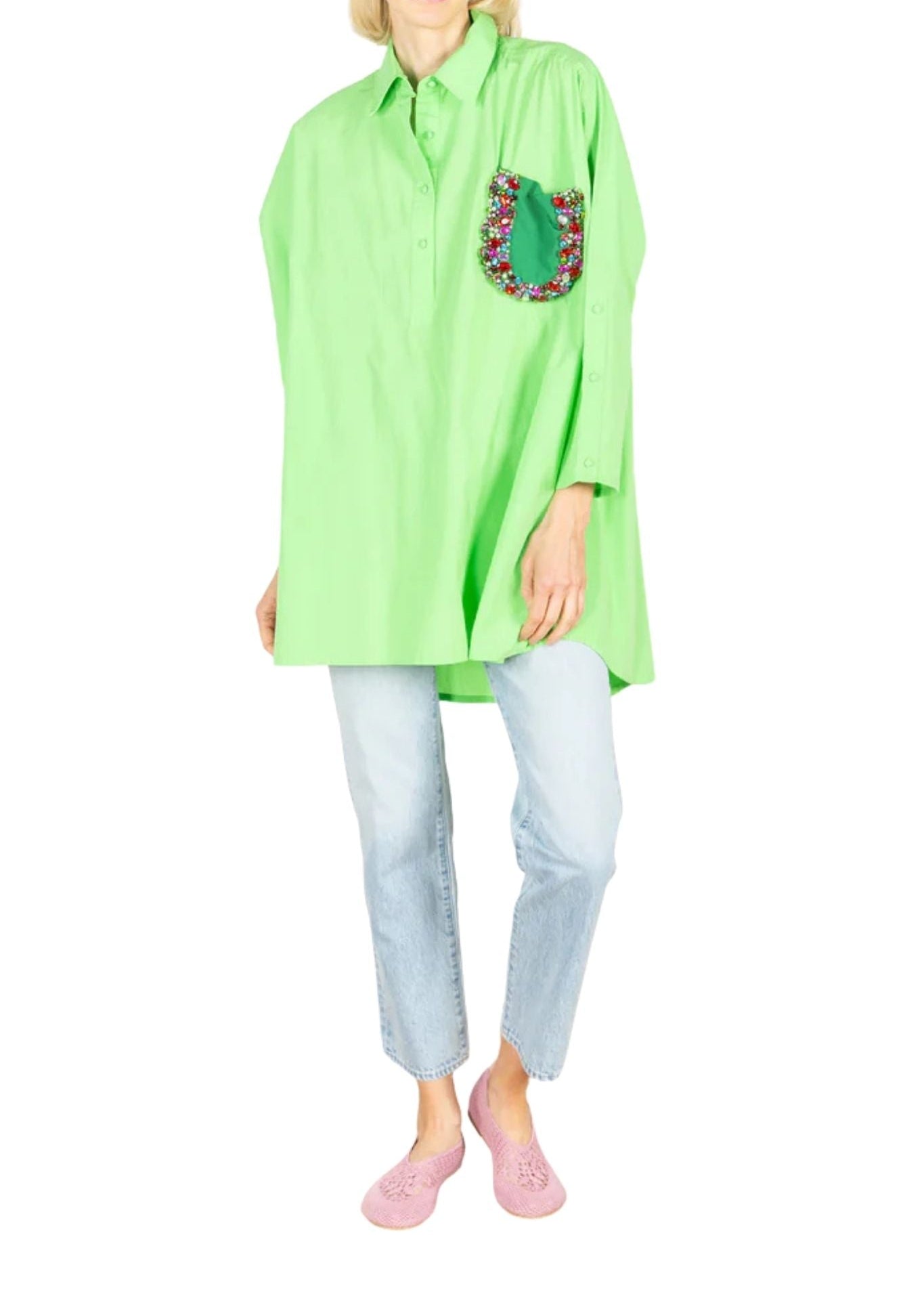 La Vie Lime Jeweled Cotton Boyfriend Shirt - Vermillion