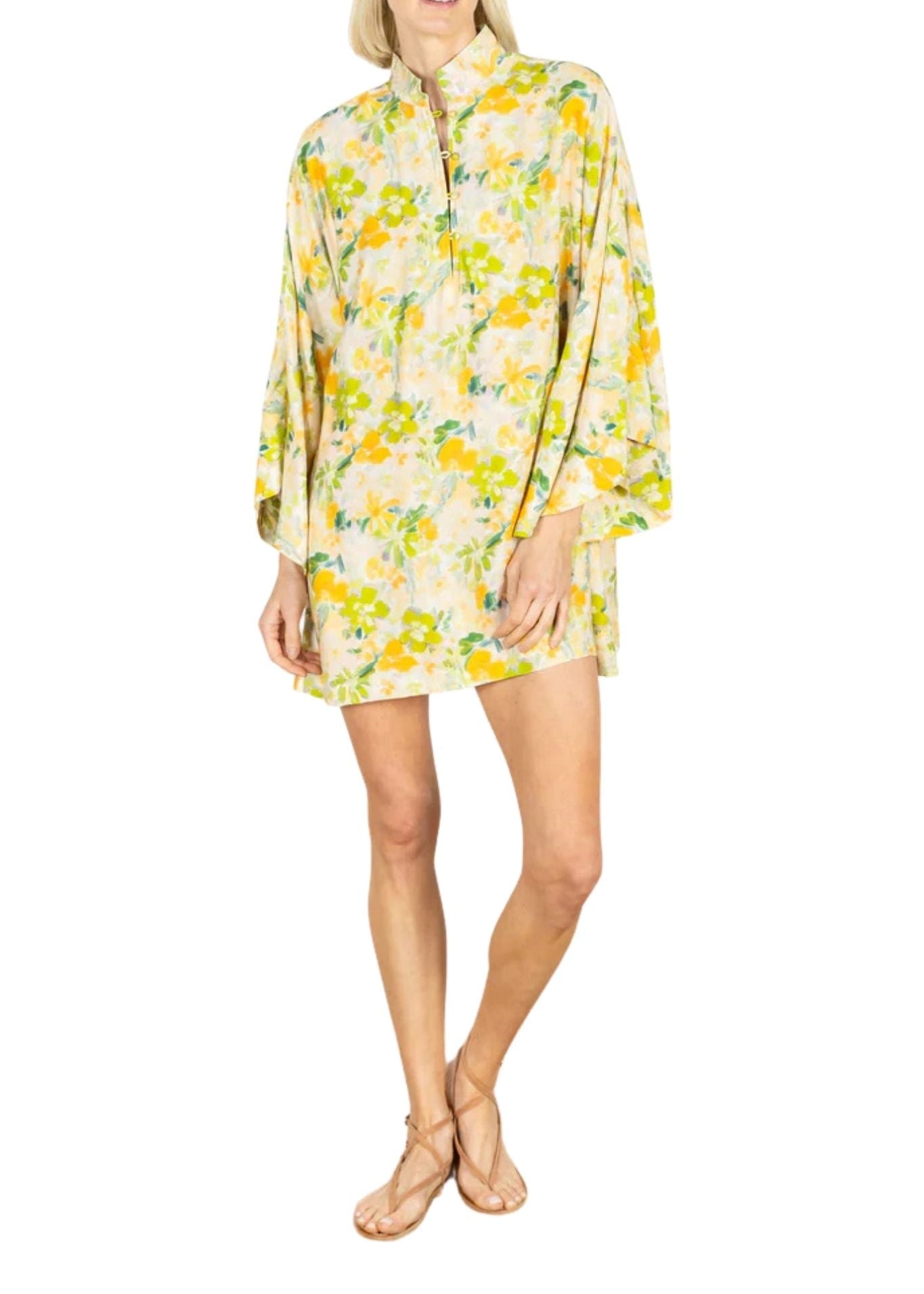 La Vie Olive Brushstroke Bloom Mini Caftan - Vermillion