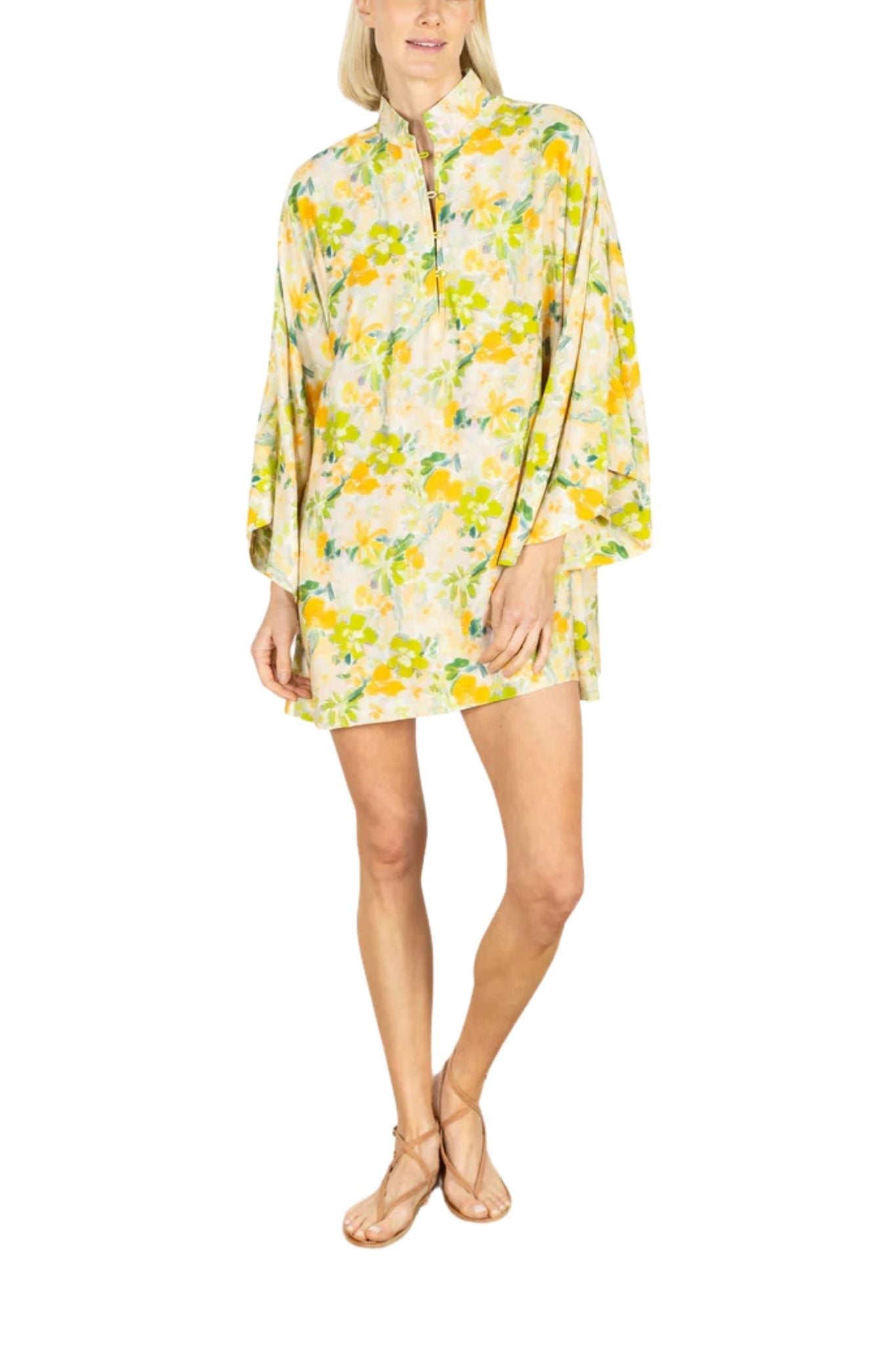 La Vie Olive Brushstroke Bloom Mini Caftan - Vermillion