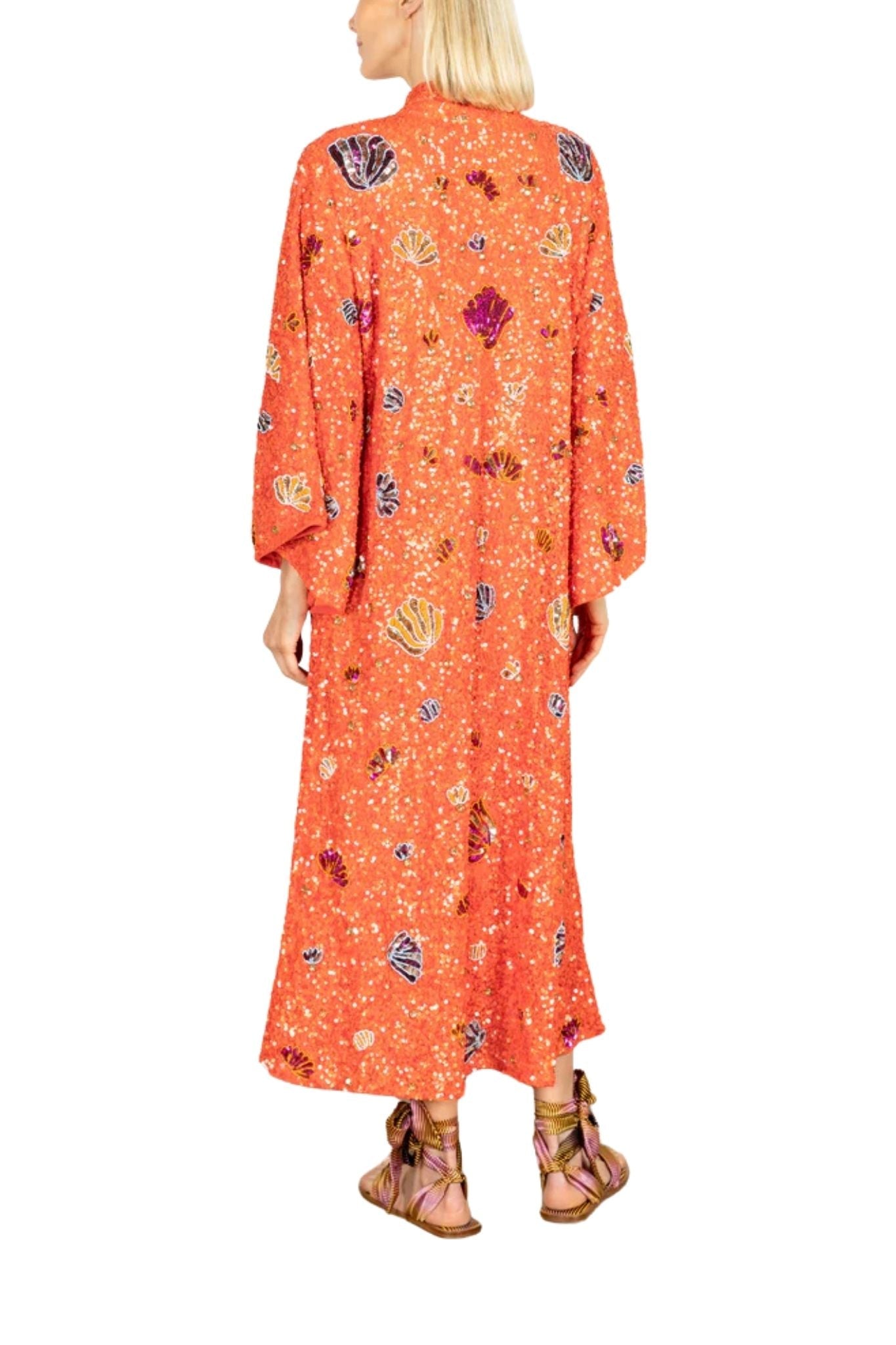 La Vie Orange Sequin Shells Maxi Caftan - Vermillion