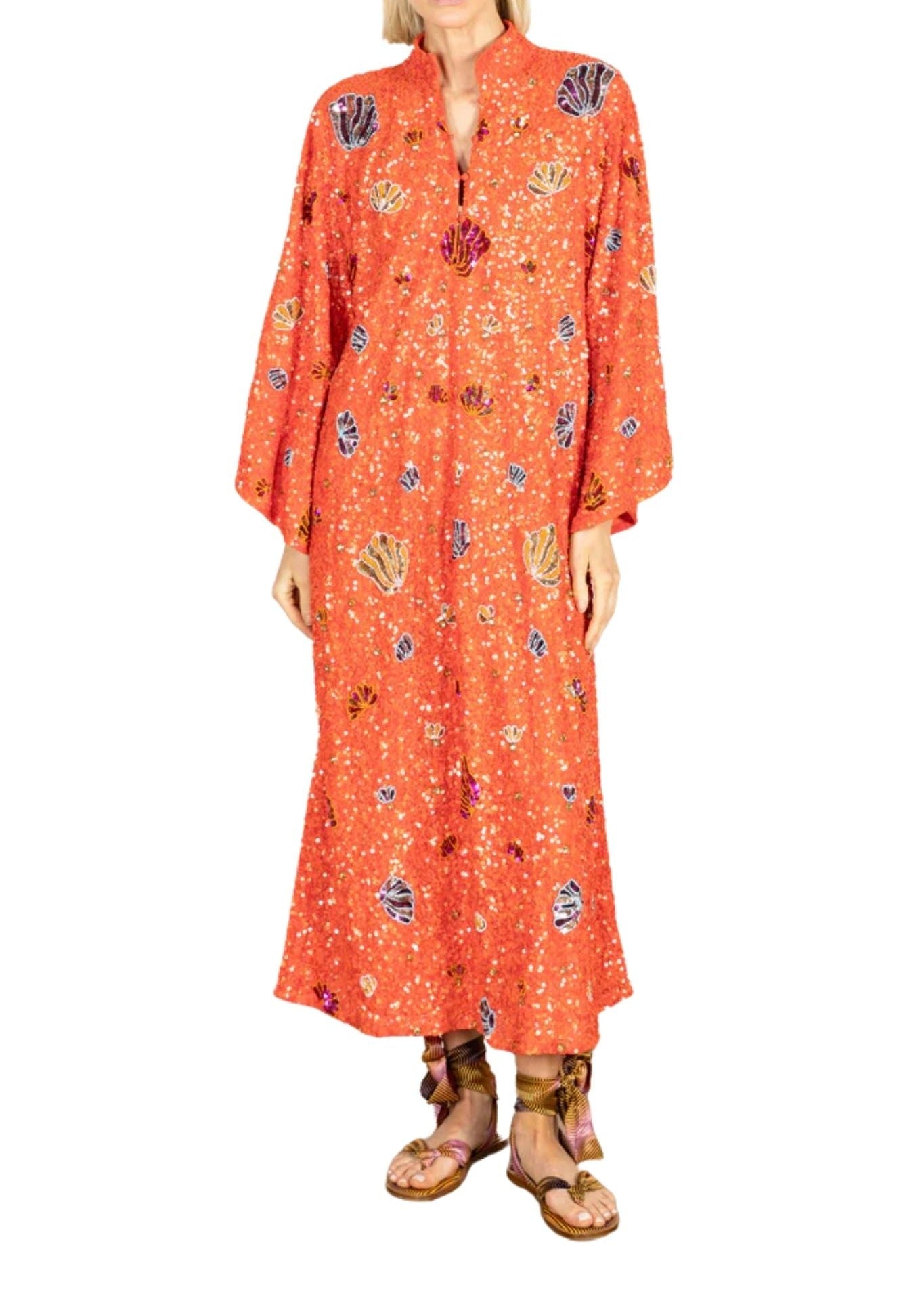 La Vie Orange Sequin Shells Maxi Caftan - Vermillion