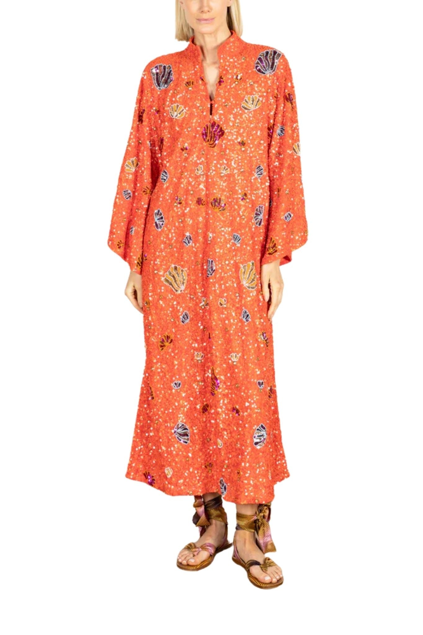 La Vie Orange Sequin Shells Maxi Caftan - Vermillion