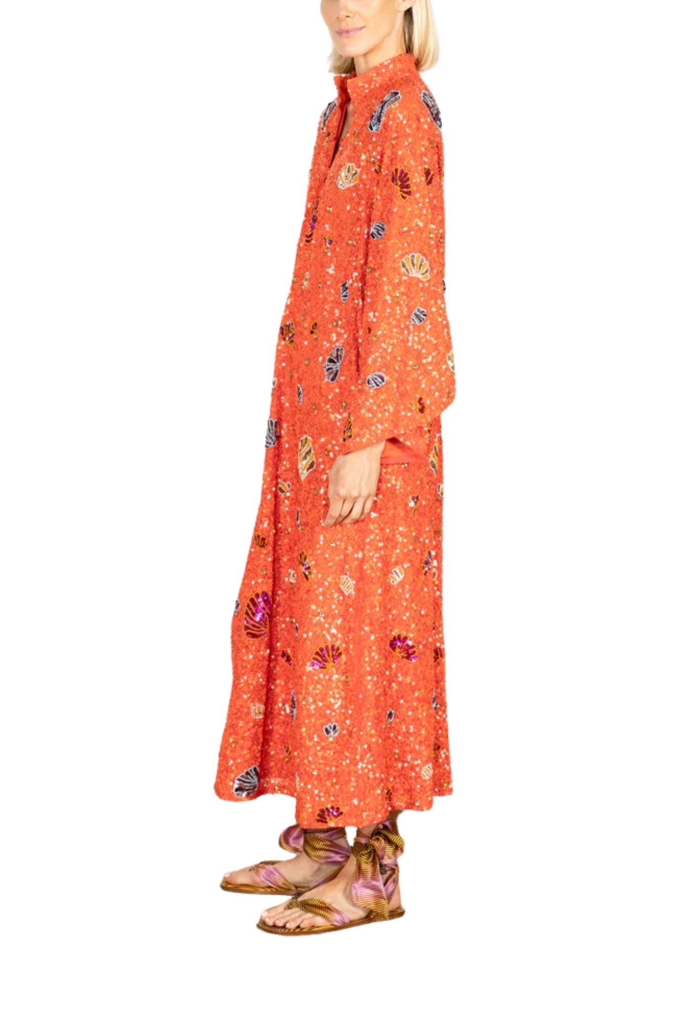 La Vie Orange Sequin Shells Maxi Caftan - Vermillion