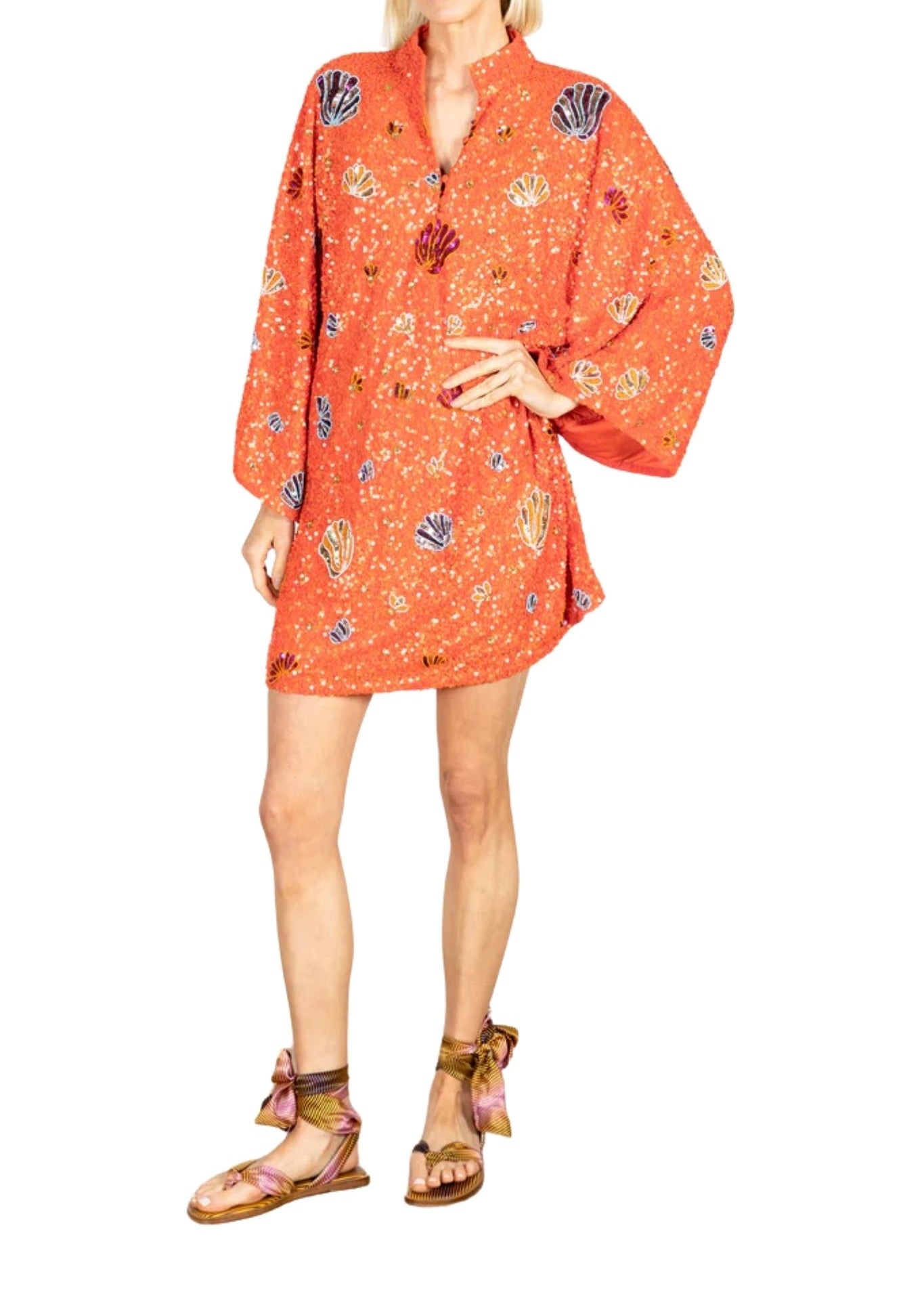 La Vie Orange Sequin Shells Mini Caftan - Vermillion