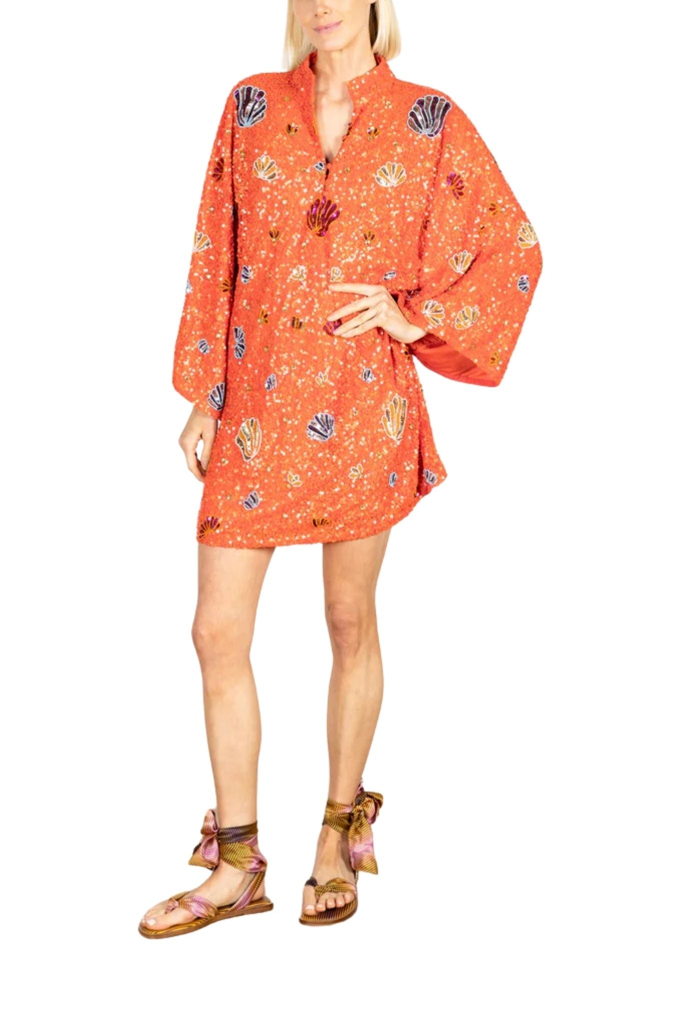 La Vie Orange Sequin Shells Mini Caftan - Vermillion