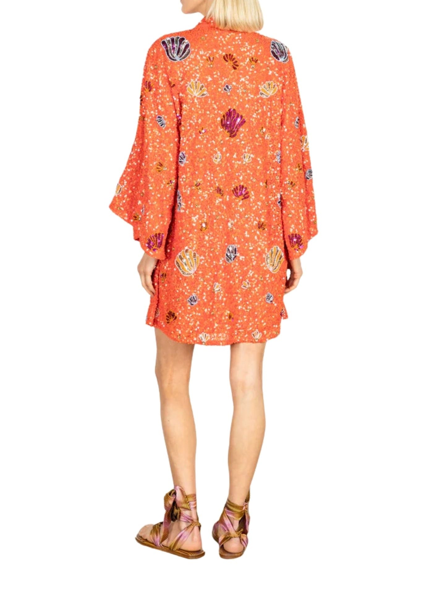 La Vie Orange Sequin Shells Mini Caftan - Vermillion