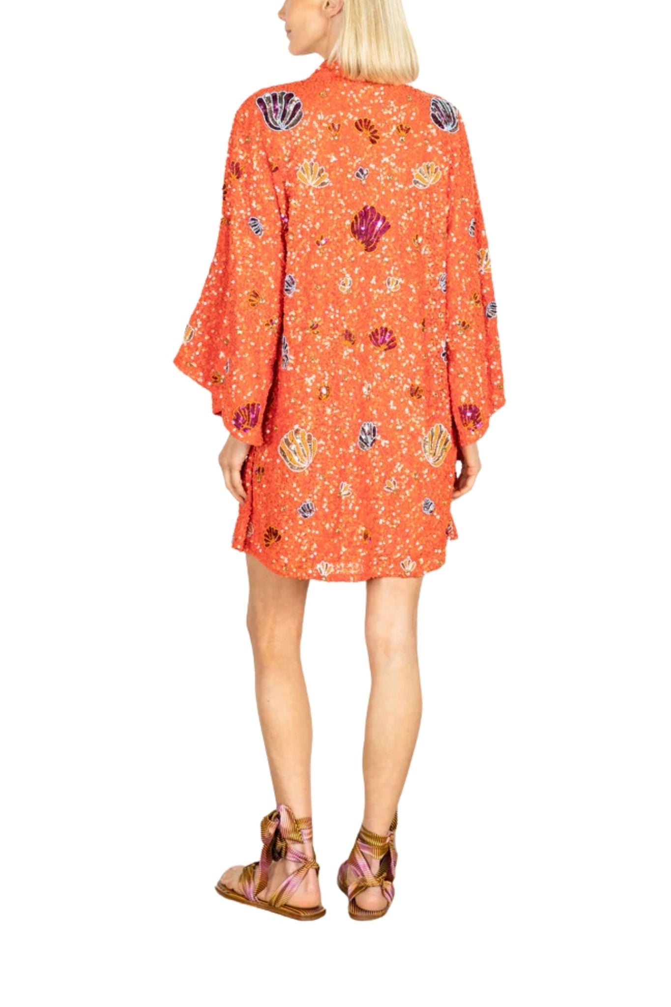 La Vie Orange Sequin Shells Mini Caftan - Vermillion