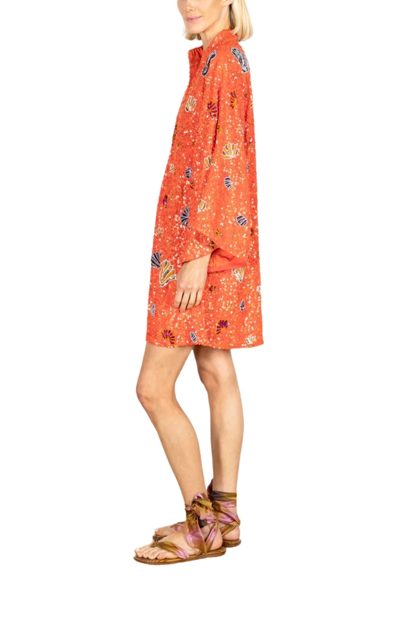 La Vie Orange Sequin Shells Mini Caftan - Vermillion
