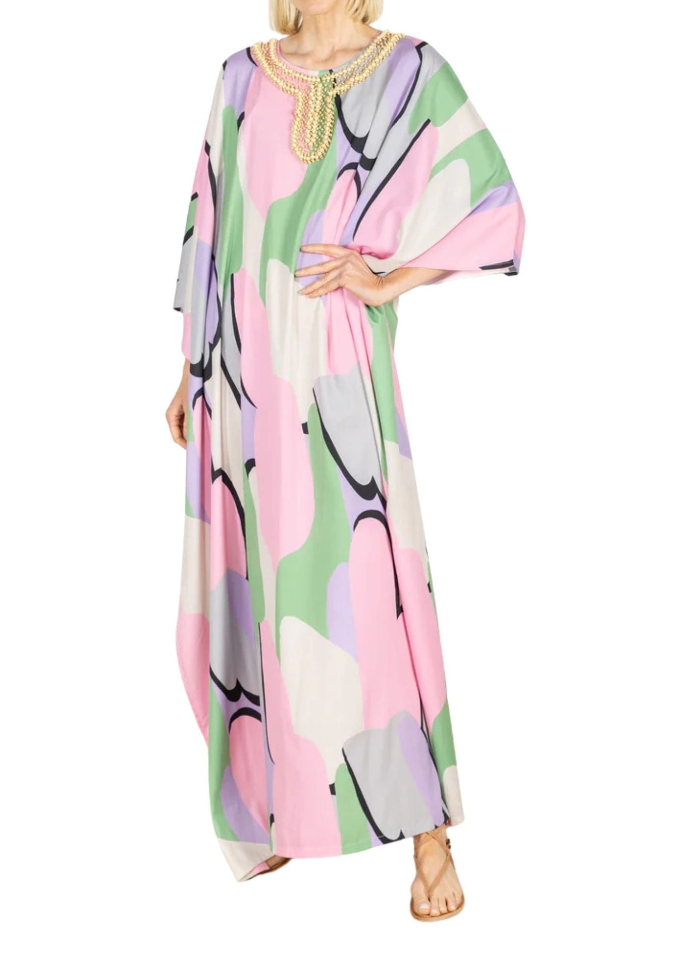 La Vie Pastel Cloud Beaded Maxi Keyhole Caftan - Vermillion