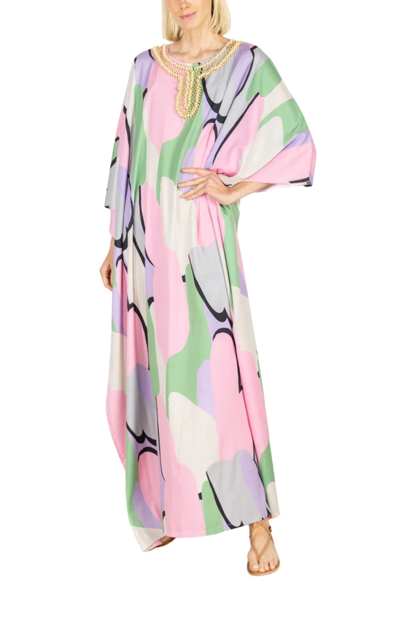 La Vie Pastel Cloud Beaded Maxi Keyhole Caftan - Vermillion