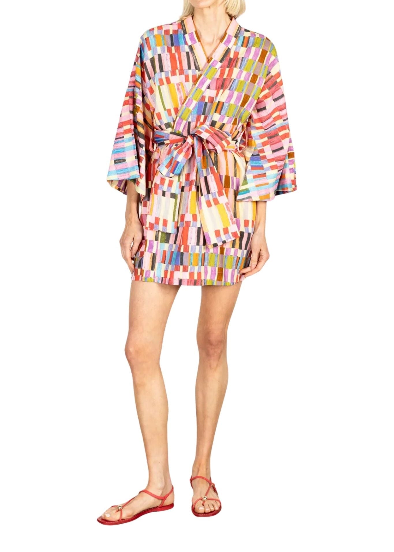 La Vie Pastel Grid Mini Wrap Dress - Vermillion