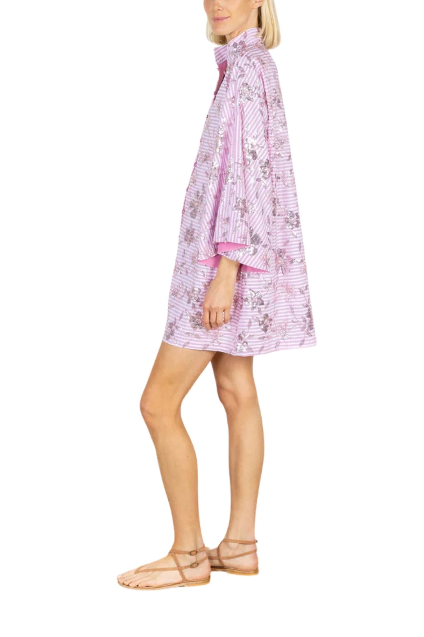 La Vie Peony Stripe Mini Open Front Caftan - Vermillion
