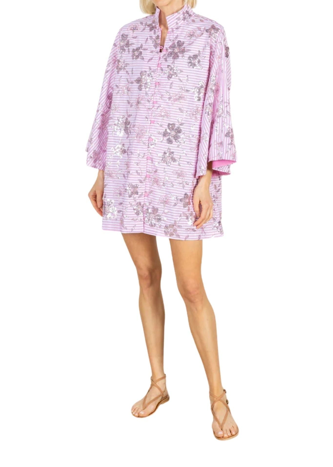La Vie Peony Stripe Mini Open Front Caftan - Vermillion