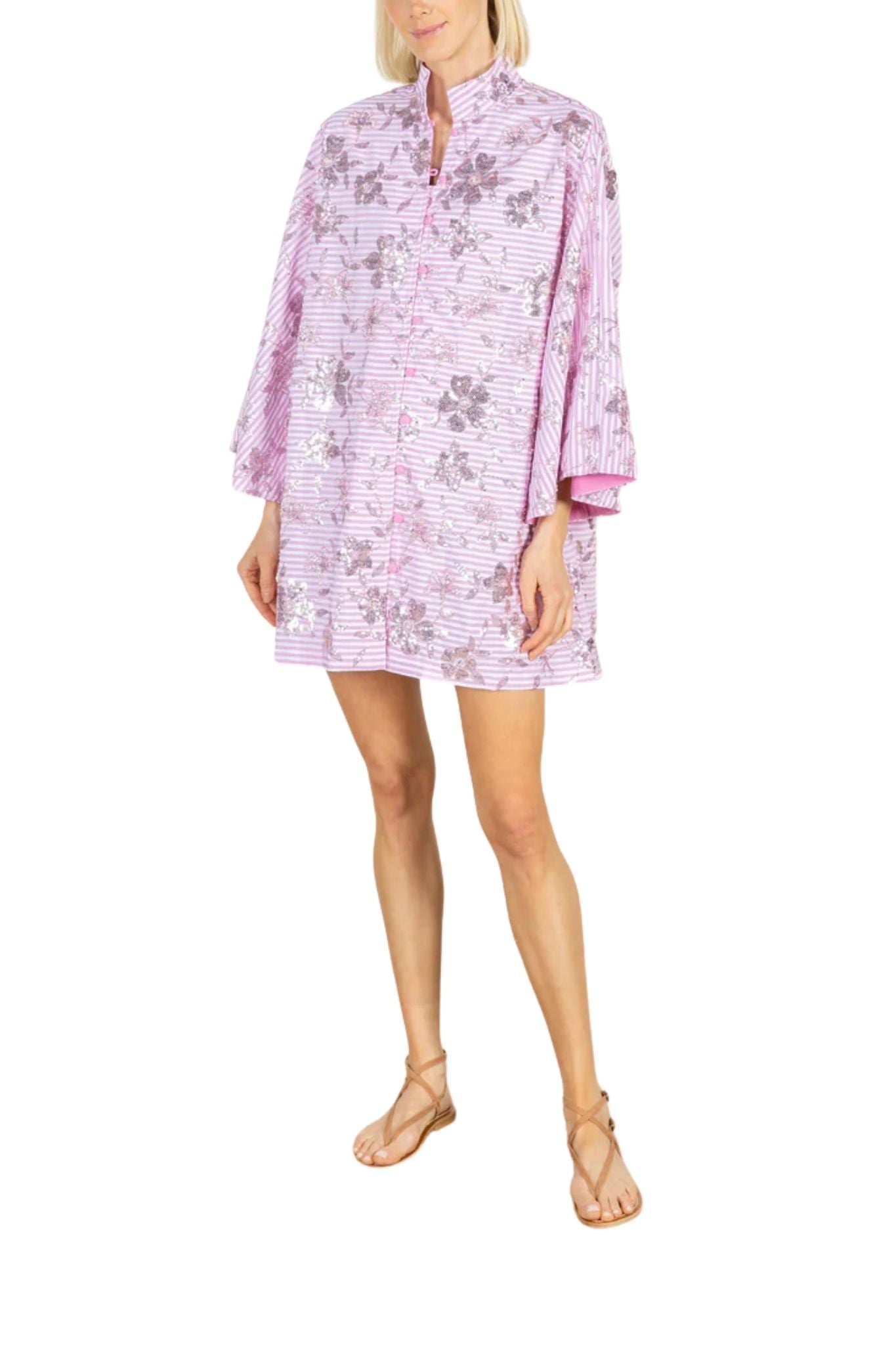 La Vie Peony Stripe Mini Open Front Caftan - Vermillion