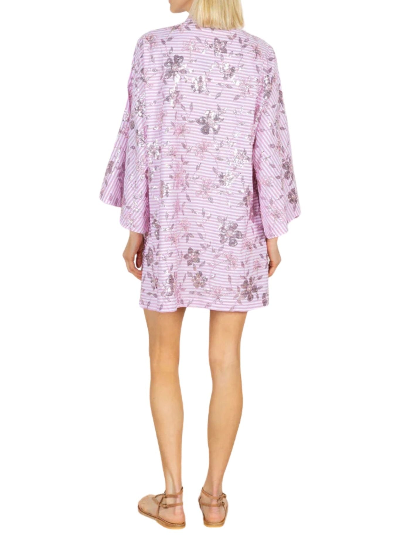 La Vie Peony Stripe Mini Open Front Caftan - Vermillion