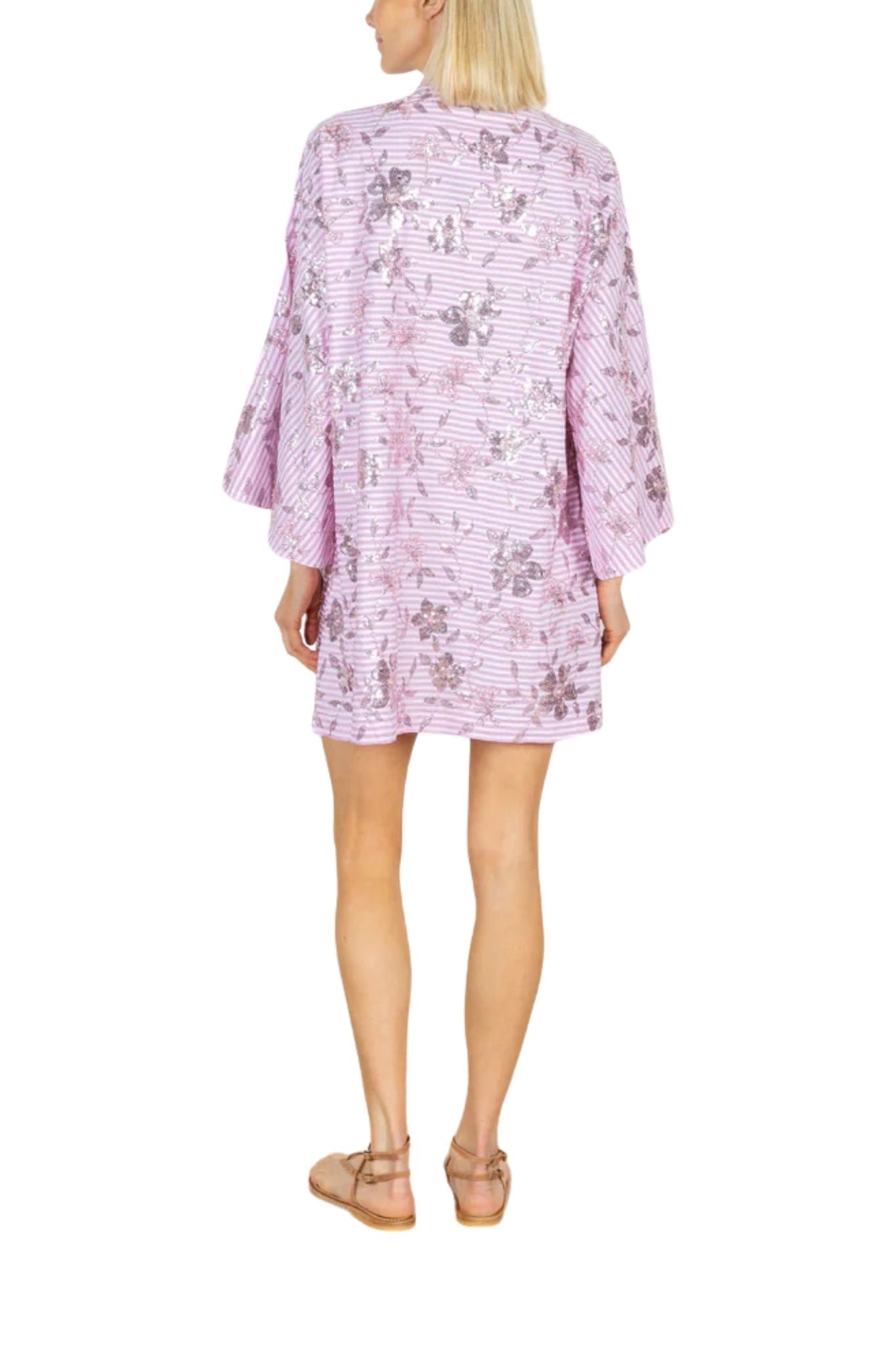 La Vie Peony Stripe Mini Open Front Caftan - Vermillion